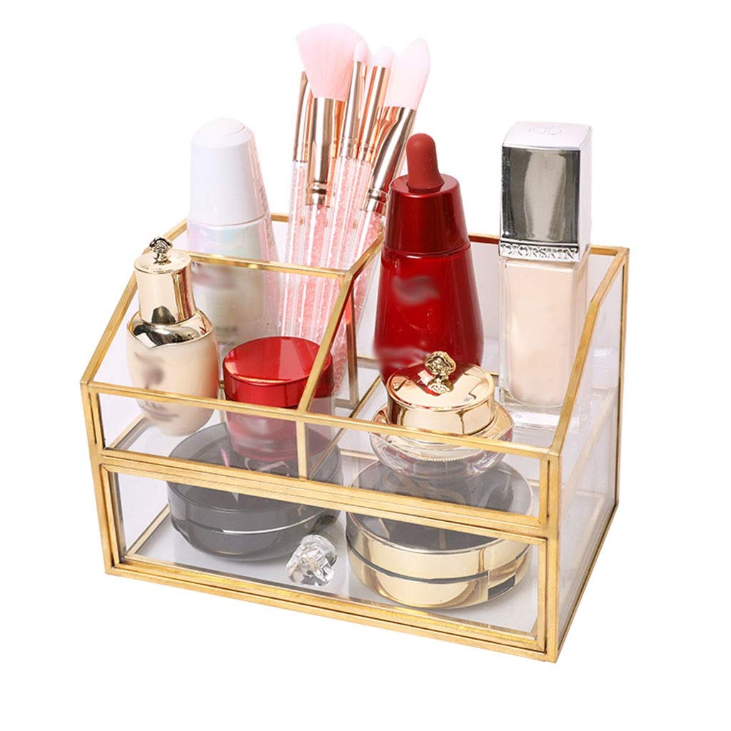 Stylish Brass & Glass Cosmetic Storage Box with Drawers - Transparent Jewelry & Makeup Organizer for Bathroom, Vanity, and Dressing Table | Perfect for Makeup Brushes, Lipsticks, Earrings & Beauty Accessories
