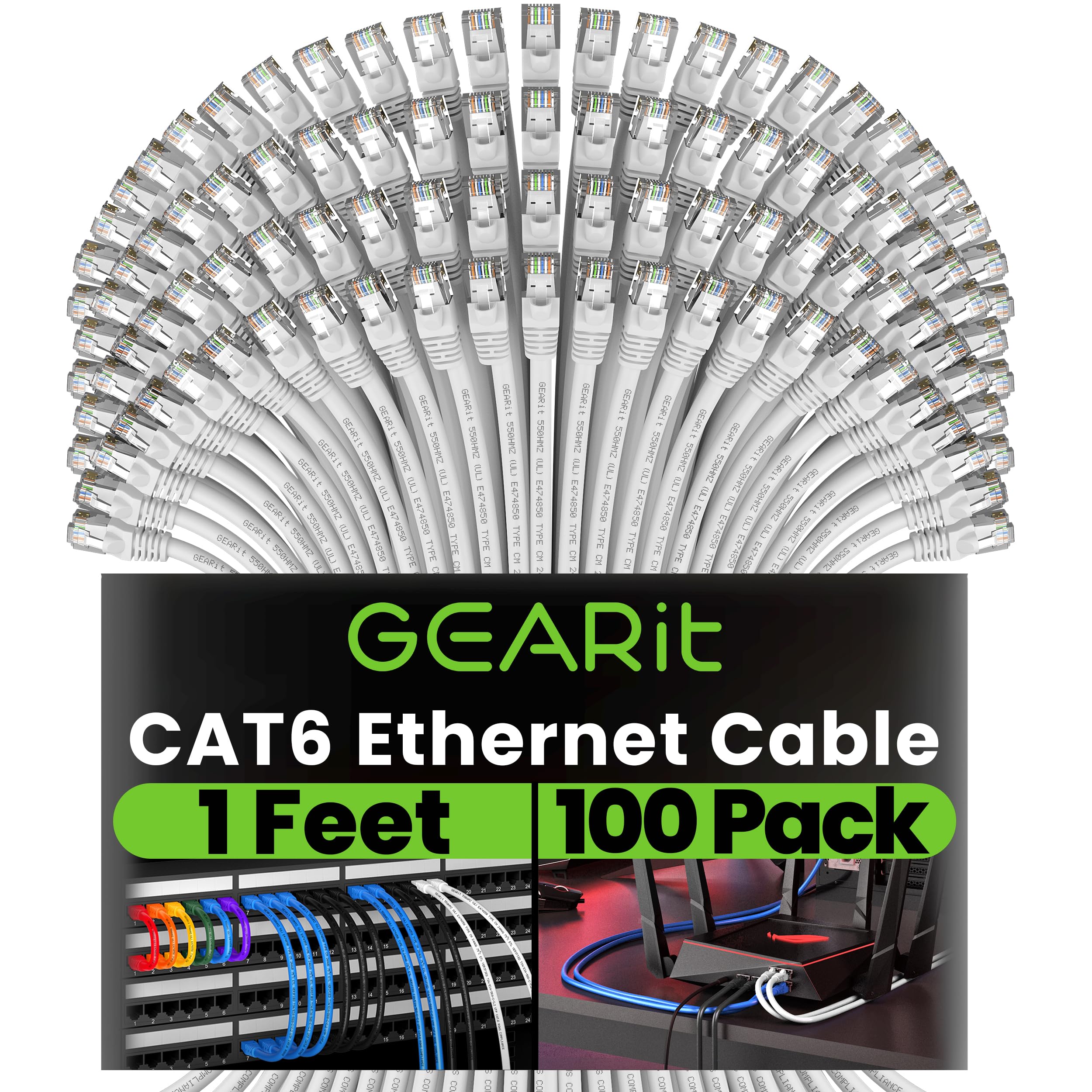 GEARit Cat 6 Ethernet Cable 100-Pack (1 Foot) - 10Gbps High-Speed Snagless Patch Cord with Gold-Plated RJ45 Connectors - Ideal for PC, TV, Tablet, Router, Printer & Data Center - Perfect for Home Office, Gaming Setup & IT Networking - White