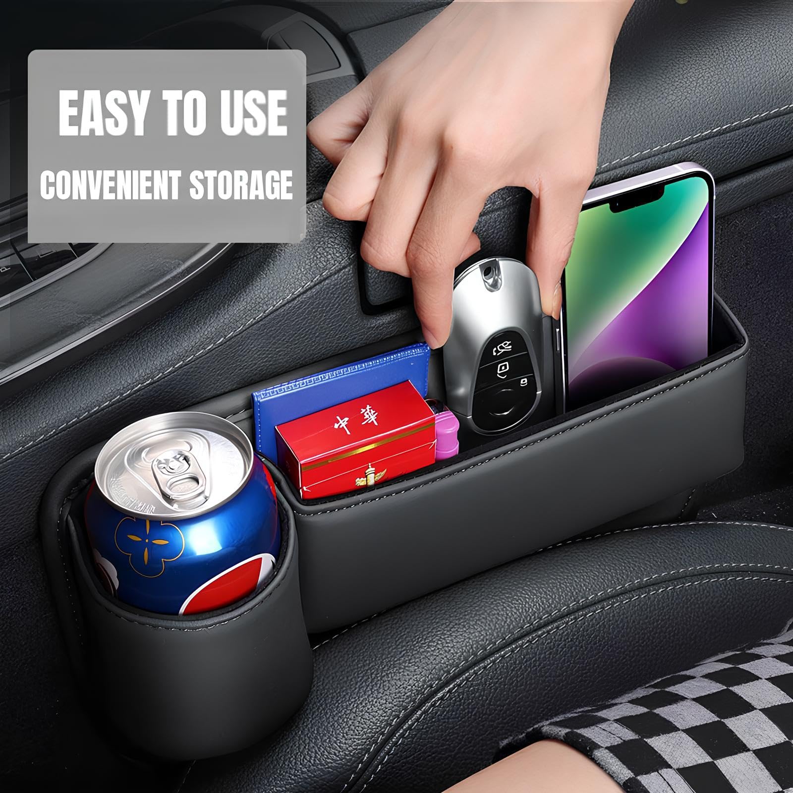 Premium Leather Car Cup Holder Gap Bag - Custom Seat Gap Storage Organizer with Logo/Text - Adjustable Car Seat Storage Box for Glasses, Phones, Keys & Cards - Perfect for Drivers (Black) - Ideal for Road Trips, Commuting & Daily Car Organization