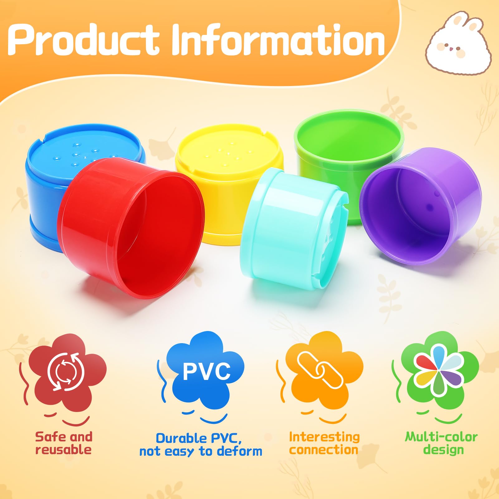 MEWTOGO 8 Pcs Rabbit Stacking Cups - Safe Reusable Bunny Toys in Rainbow Colors, Durable Nesting Cups for Small Animals (Hamsters, Guinea Pigs, Chinchillas) - Perfect for Food Hiding, Foraging & Playtime Activities