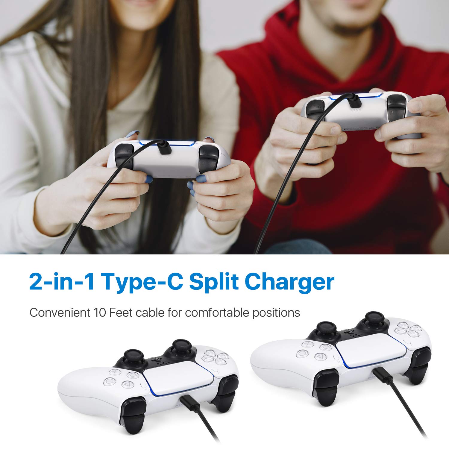 Dual USB-A to USB-C Charging Cable for PS5 DualSense, Xbox Series X/S, Xbox One & Nintendo Switch Pro Controllers - 10FT Long Charge & Play Cord - Perfect for Gaming Sessions & Multi-Device Charging