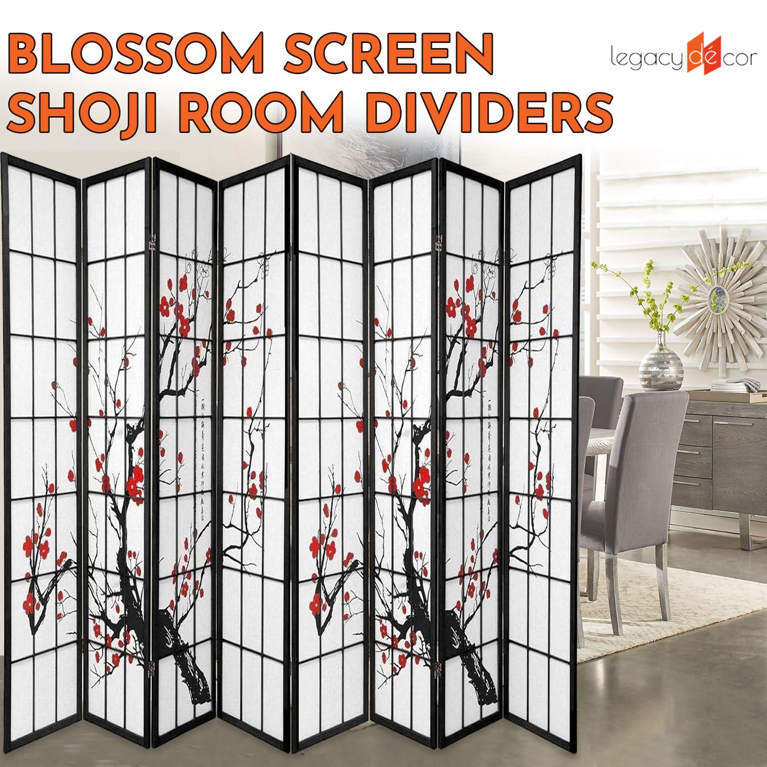Legacy Decor 8-Panel Blossom Room Divider - Foldable Shoji Style Privacy Screen with Plum Blossom Design - Freestanding Partition for Home Office, Studio & Dressing Area - Portable Temporary Wall - Perfect for Creating Private Spaces, Room Dividers & Home Decor - Black