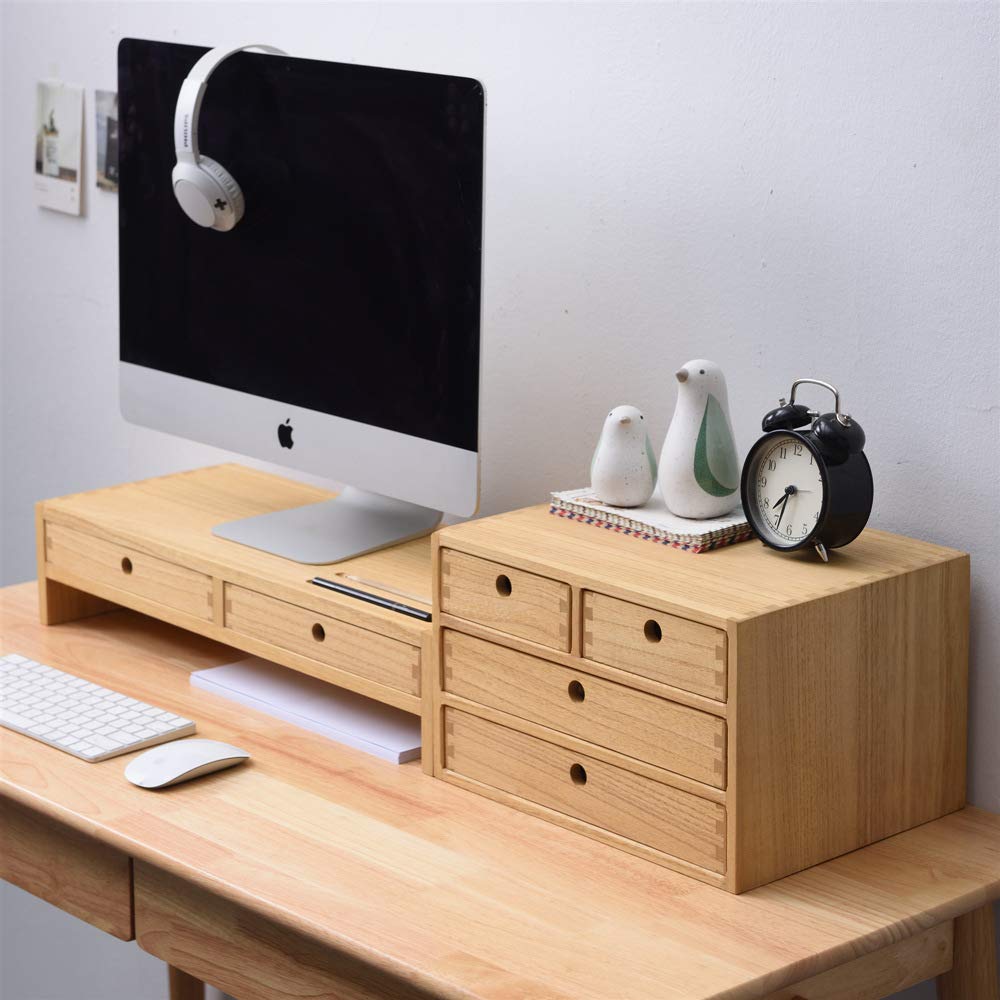 Kirigen Natural Wood Desktop Organizer with 3-Layer & 4 Drawers - Wooden Storage Box for Home Office, Workspace & Makeup Organization - Perfect for Desk Accessories, Stationery & Beauty Products Storage
