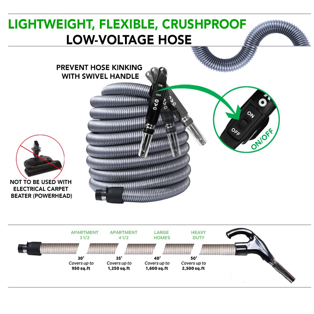 OVO Universal Central Vacuum 35ft Low Voltage Hose with Handle Switch Control - Fits Most Vacuum Inlets - Crushproof Design for Home & Car Cleaning