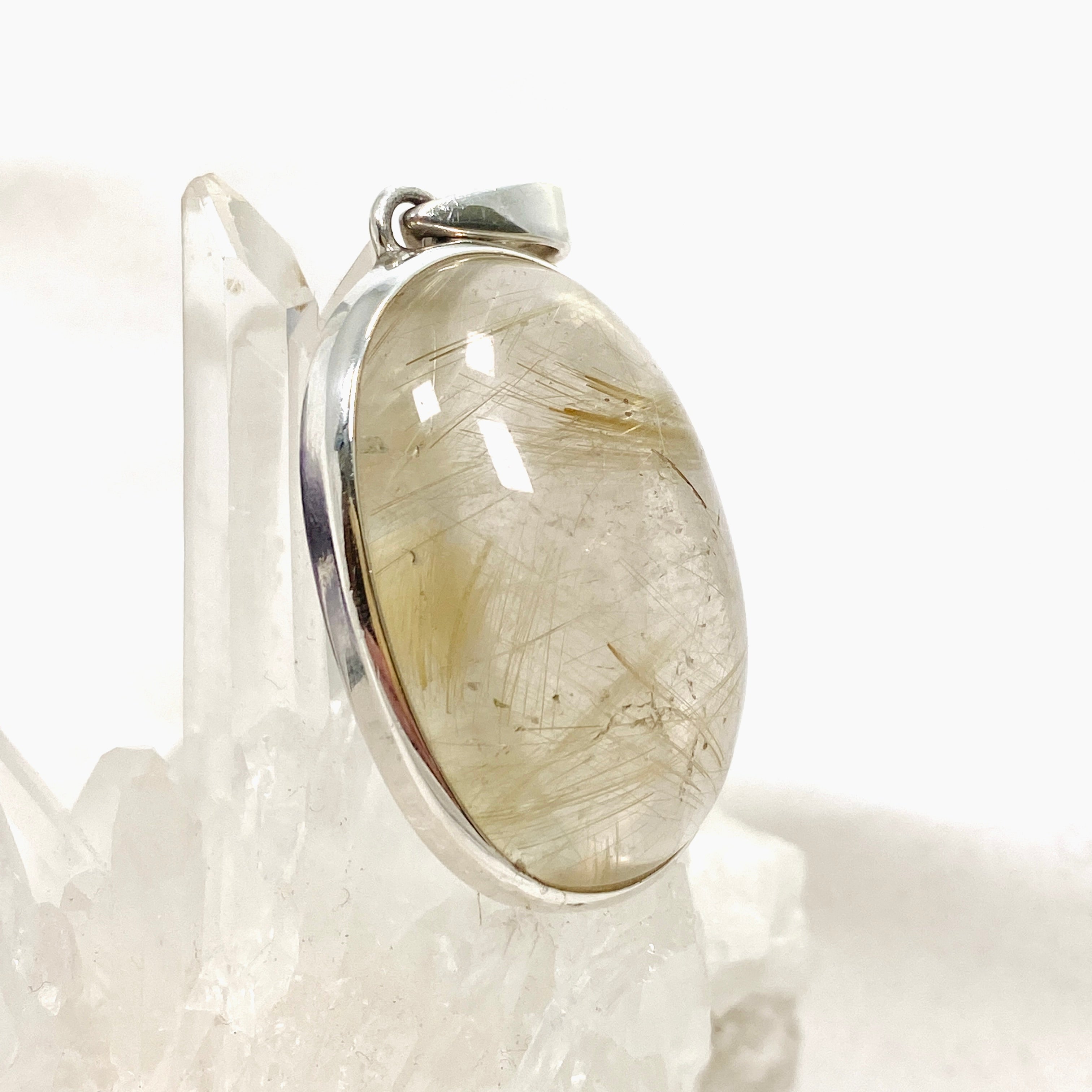 Natural Rutilated Quartz Oval Cabochon Pendant - 925 Sterling Silver Jewelry PPGJ835 for Women's Fashion & Spiritual Healing