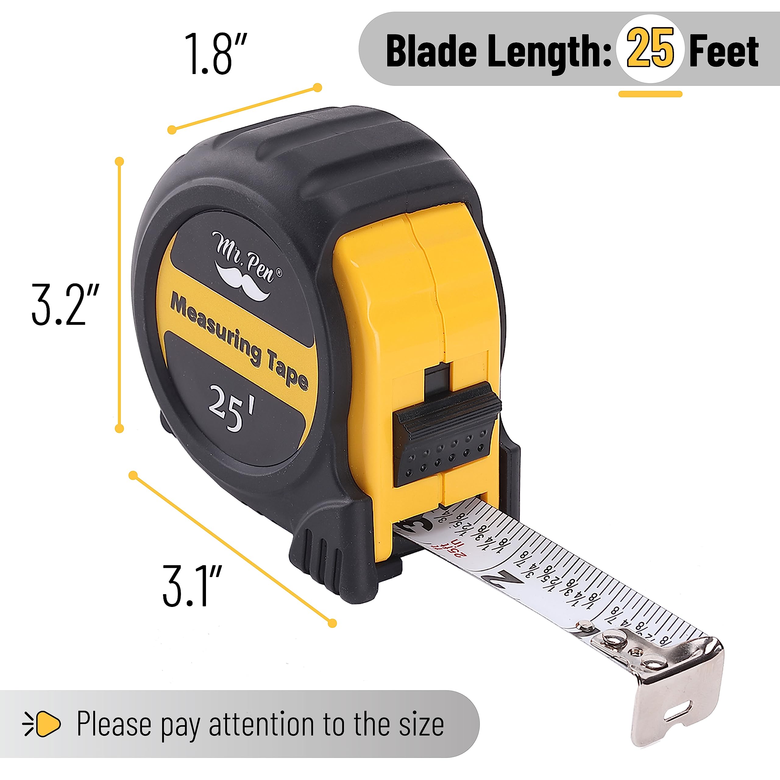 **Mr. Pen 25-Foot Steel Retractable Tape Measure with Fractions - Easy Read, Durable Construction for DIY, Construction, and Home Improvement Projects**