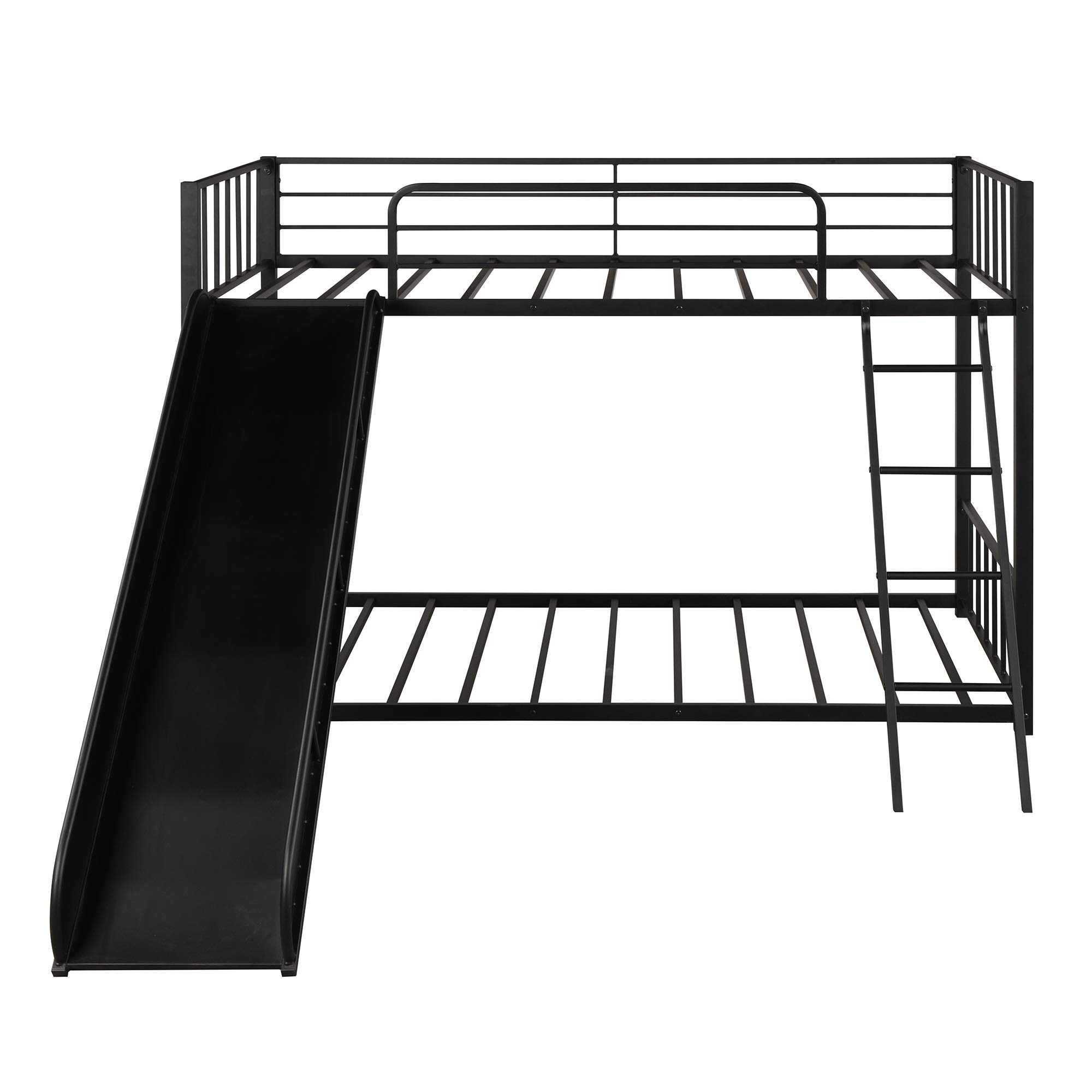 KLMM Heavy Duty Metal Bunk Bed with Slide & Safety Guard Rails - Twin Size Black Bed Frame for Kids & Teens - Perfect for Shared Kids' Rooms, Sleepovers & Space-Saving Bedroom Solutions