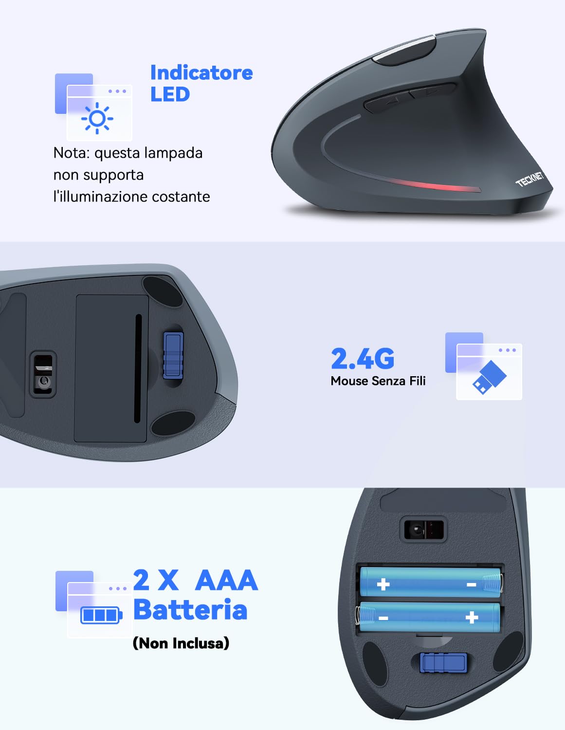 TECKNET Wireless Vertical Ergonomic Mouse - 4800 DPI, 6 Buttons for PC, Laptop, Mac - Gray | Reduces Arm Strain for Office Work & Gaming