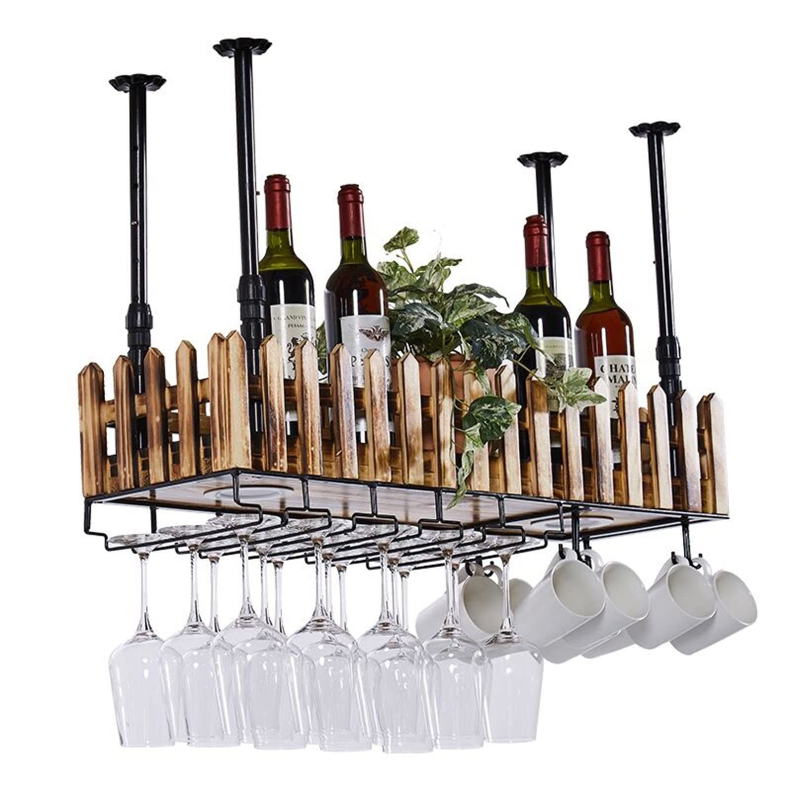 Multifunctional LED Ceiling Wine Rack with Adjustable Shelves - Industrial Style Hanging Glass Holder for Kitchen, Bar, Dining Room & Living Room Decor (100x25x21cm) - Perfect for Home Entertaining & Wine Storage Organization