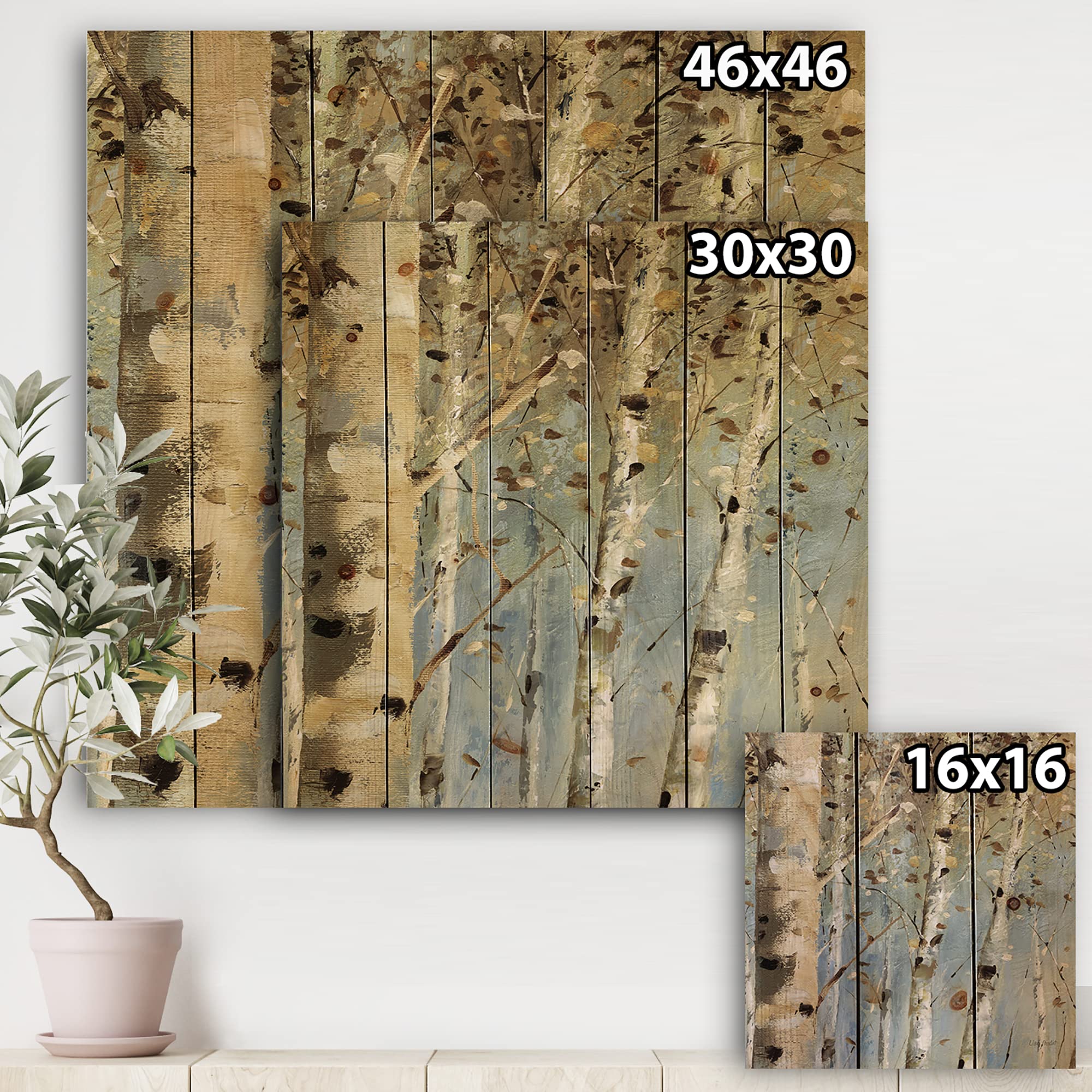 DesignQ White Birch Forest Farmhouse Wood Wall Decor - Beige Wood Wall Art with Large Floral Print on Natural Pine Wood Panels - Perfect for Living Room, Bedroom & Home Office Decor