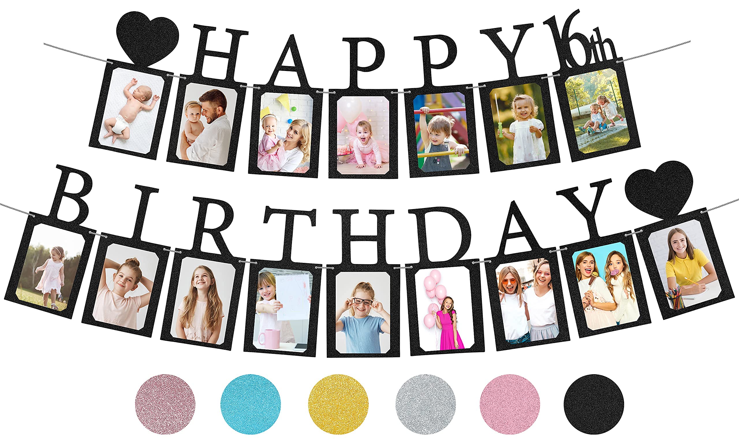 Sweet 16 Birthday Banner with Photo Frames - Black Pre-assembled Party Decorations for Girls | 16th Birthday Party Supplies with Signs | Perfect for Sweet Sixteen Celebrations, Photo Backdrops & Milestone Decor