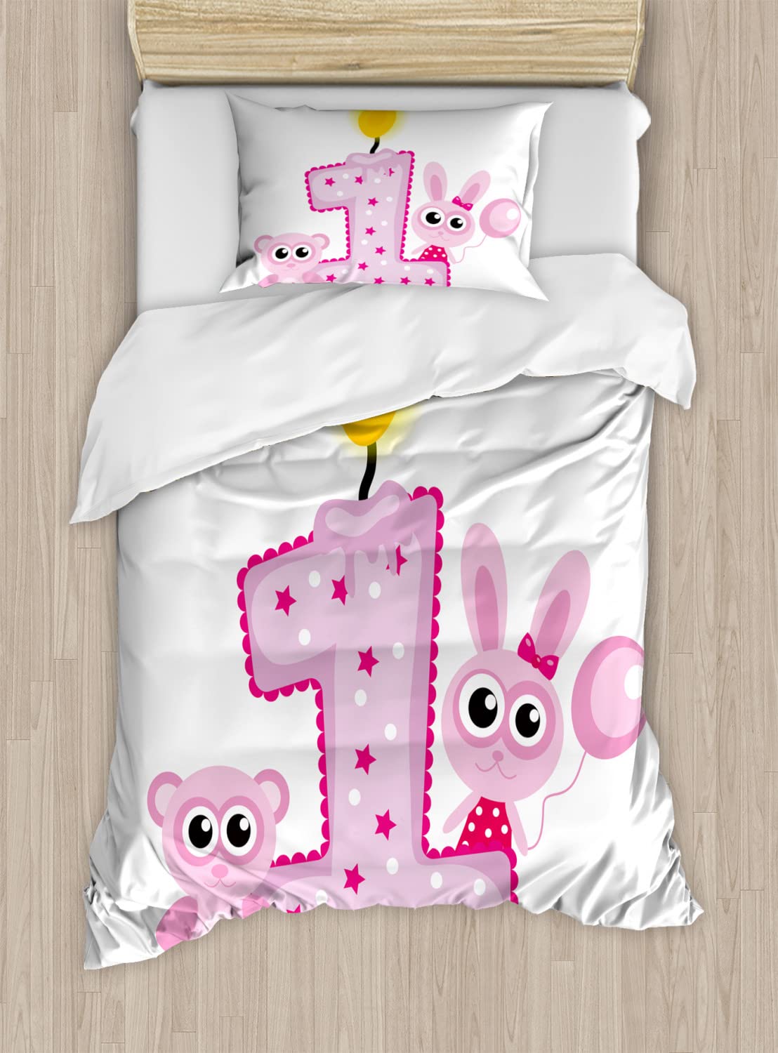 Ambesonne 1st Birthday Duvet Cover Set - Twin Size 2-Piece Girls Bedding with Bunny & Bear Animals Design in Hot Pink & Lilac - Perfect for Baby Showers, Nursery Decor, and Toddler Birthday Party Themes