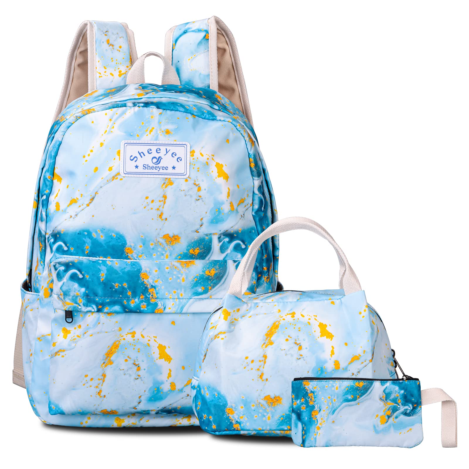 SHEEYEE Marble Print Backpack for Teen Girls - School Backpack with Matching Lunch Box & Pencil Case, Laptop Bookbag for Middle & High School Students - Perfect for School, Travel & Daily Use