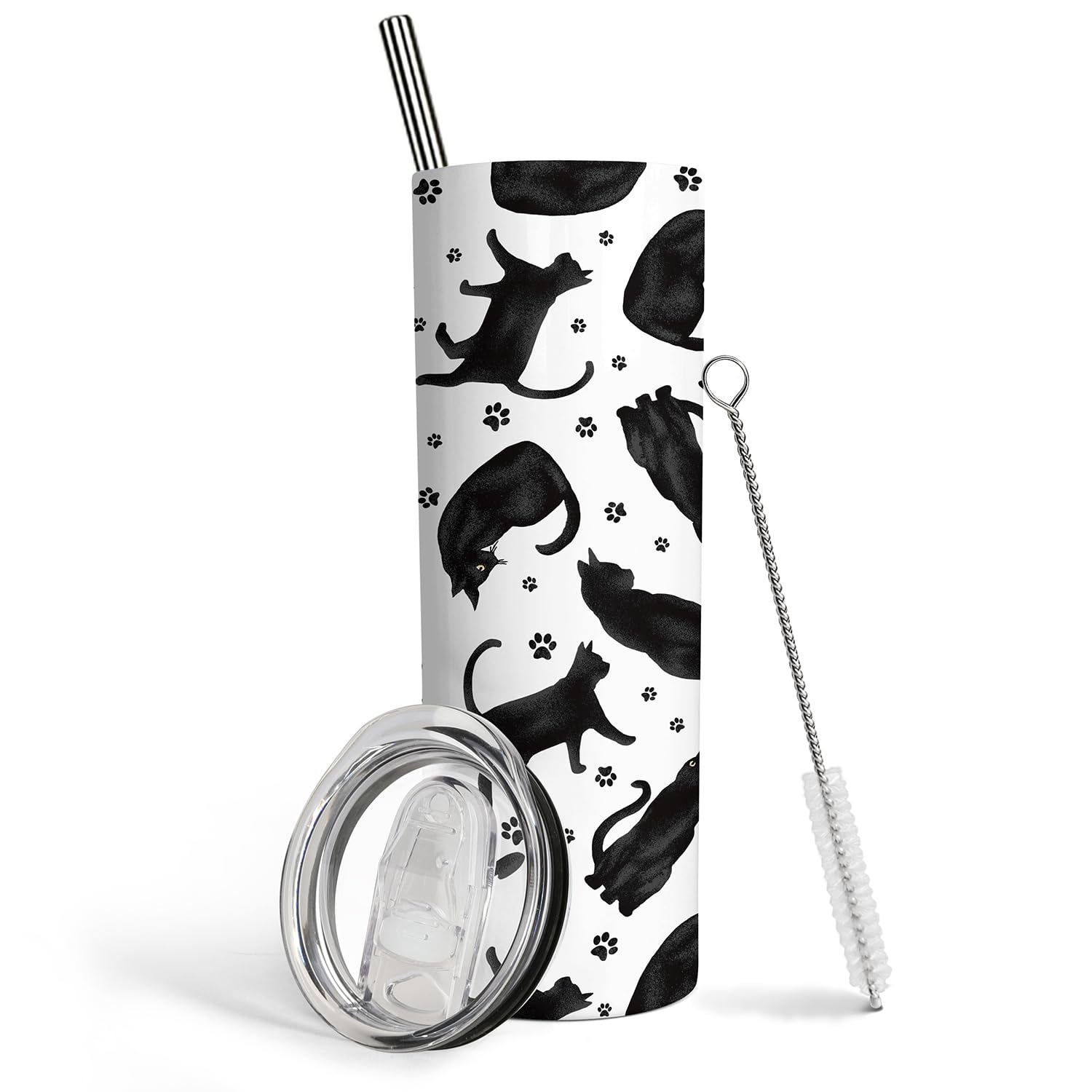 Black Cat Tumbler 20oz - Insulated Stainless Steel Travel Mug with Lid & Straw for Cat Lovers - Perfect Gift for Women & Cat Moms
