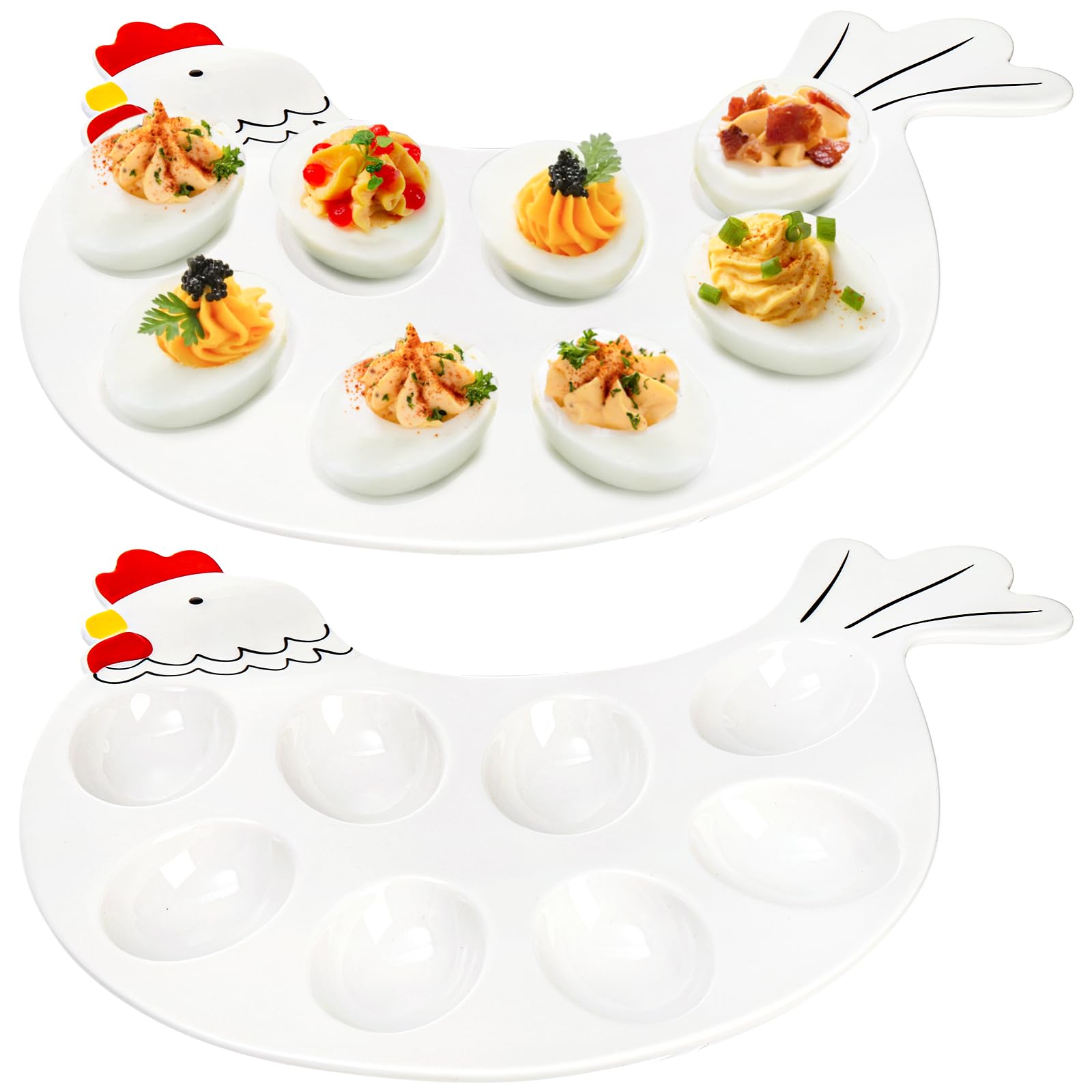 Hedume 2 Pack Ceramic Deviled Egg Platter Tray - Hen Shaped 8-Cup Egg Dish for Easter, Kitchen, Refrigerator & Countertop Display - Perfect for Parties, Holidays & Entertaining