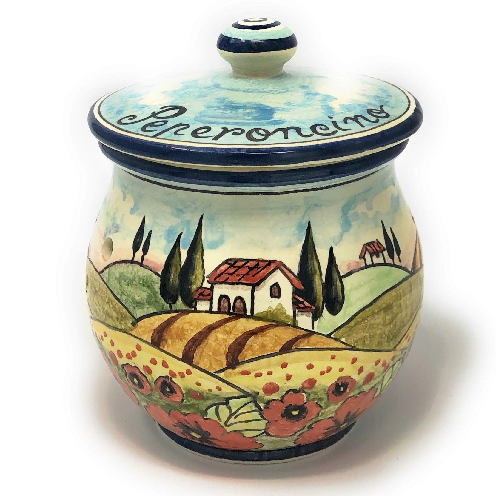 Hand-Painted Italian Ceramic Jar - CERAMICHE D'ARTE PARRINI Artisan Chili Decoration with Poppy Landscape, Made in Tuscany Italy | Perfect for Kitchen Decor, Gift Giving & Home Accents