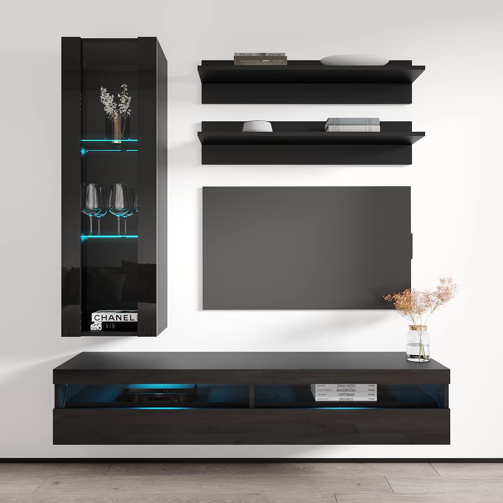 Modern Floating TV Stand with Storage & LED Lights - Wall-Mounted Entertainment Center for Bedroom & Living Room - H2 35TV Console with Shelves - Black - Perfect for Small Spaces & Home Theater Setup