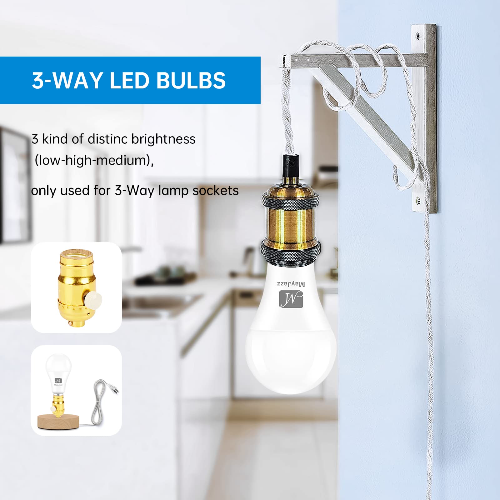 3-Way LED Light Bulbs 5000K Daylight, 50/100/150 Watt Equivalent, A21 E26 Base, Energy Saving Bright White Bulbs (2 Pack) - Perfect for Home, Office, and Workshop Lighting