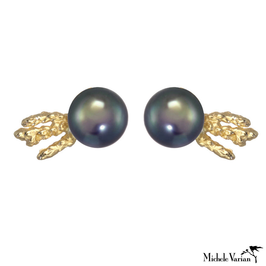 Dark Akoya Pearl Stud Earrings - 7mm Genuine Cultured Pearls for Women, Hypoallergenic 14K Gold Plated, Elegant Gift for Brides, Anniversary & Formal Occasions