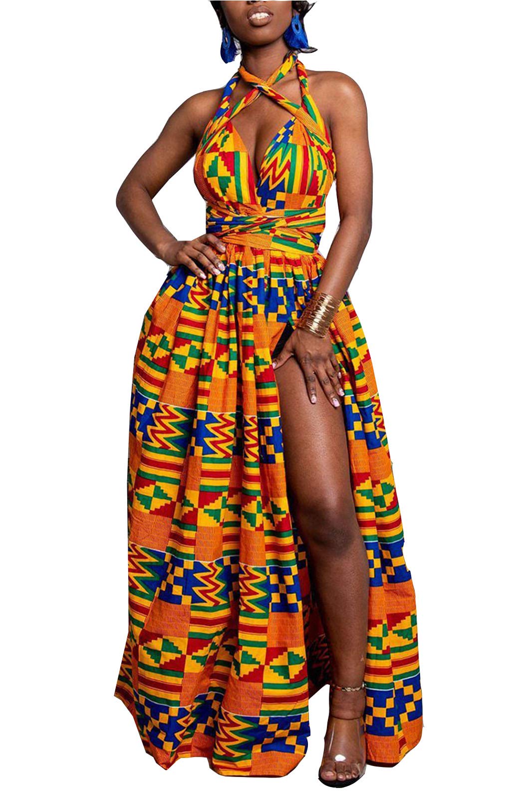 FEIYOUNG Women's Sexy Floral Print Dashiki Maxi Dress with Side Slit - Bohemian High Waist Long Summer Dress for Beach, Vacation & Party Wear