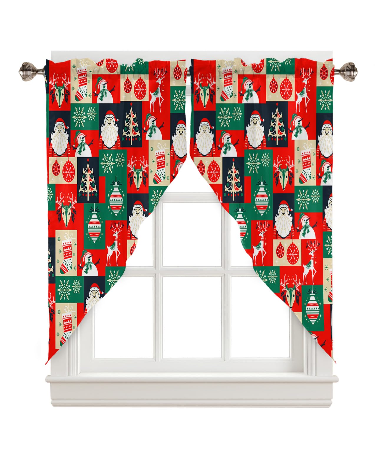 QueenKer Christmas Swag Valance Curtains - Patchwork Snowman Design Rod Pocket Window Topper for Living Room, Kitchen & Bathroom (72