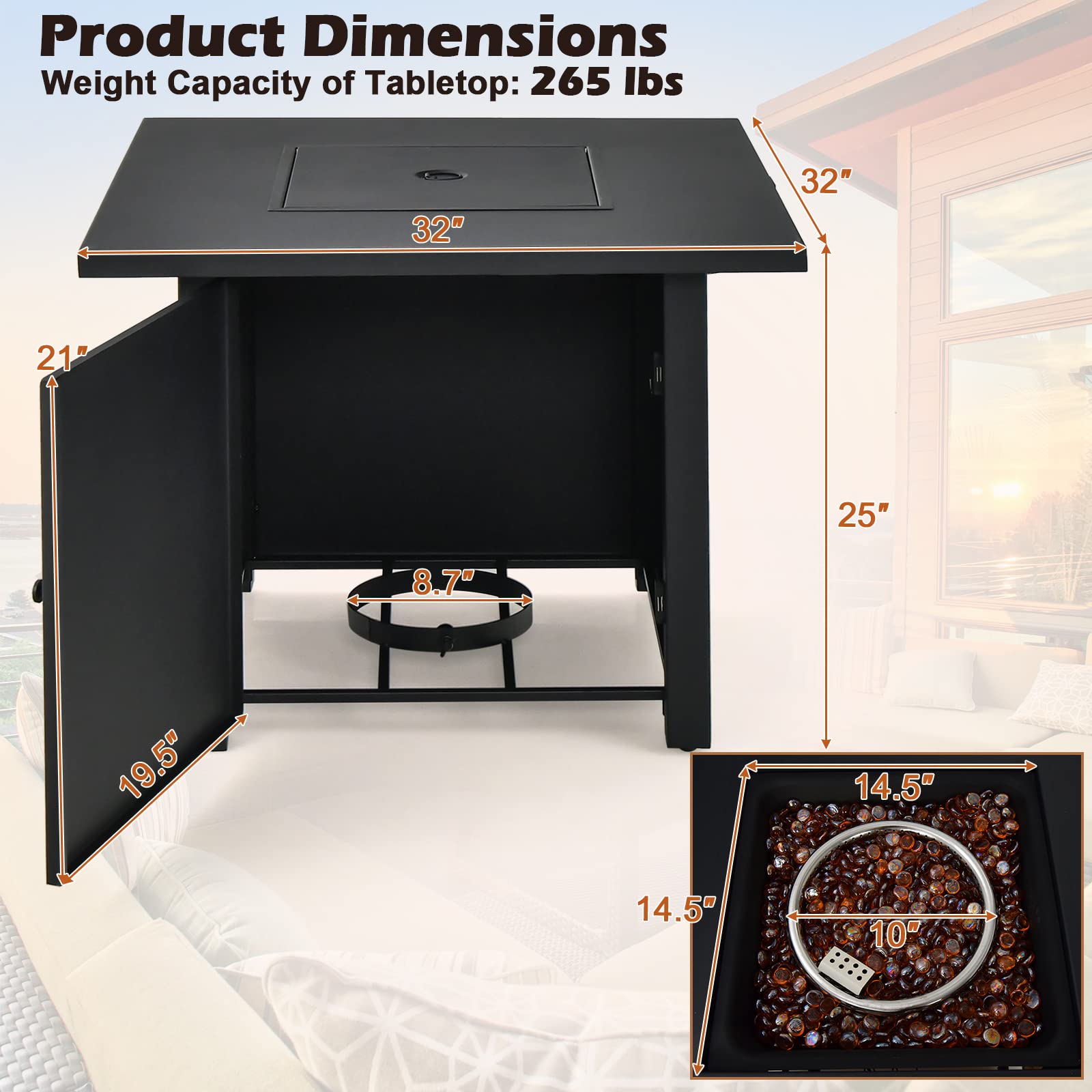 Tangkula 32 Inch Outdoor Propane Fire Pit Table - 50,000 BTU Square Patio Heater with Clear Glass Rocks & PVC Cover, Easy Ignition System - Perfect for Backyard, Poolside, Deck, and Garden Gatherings