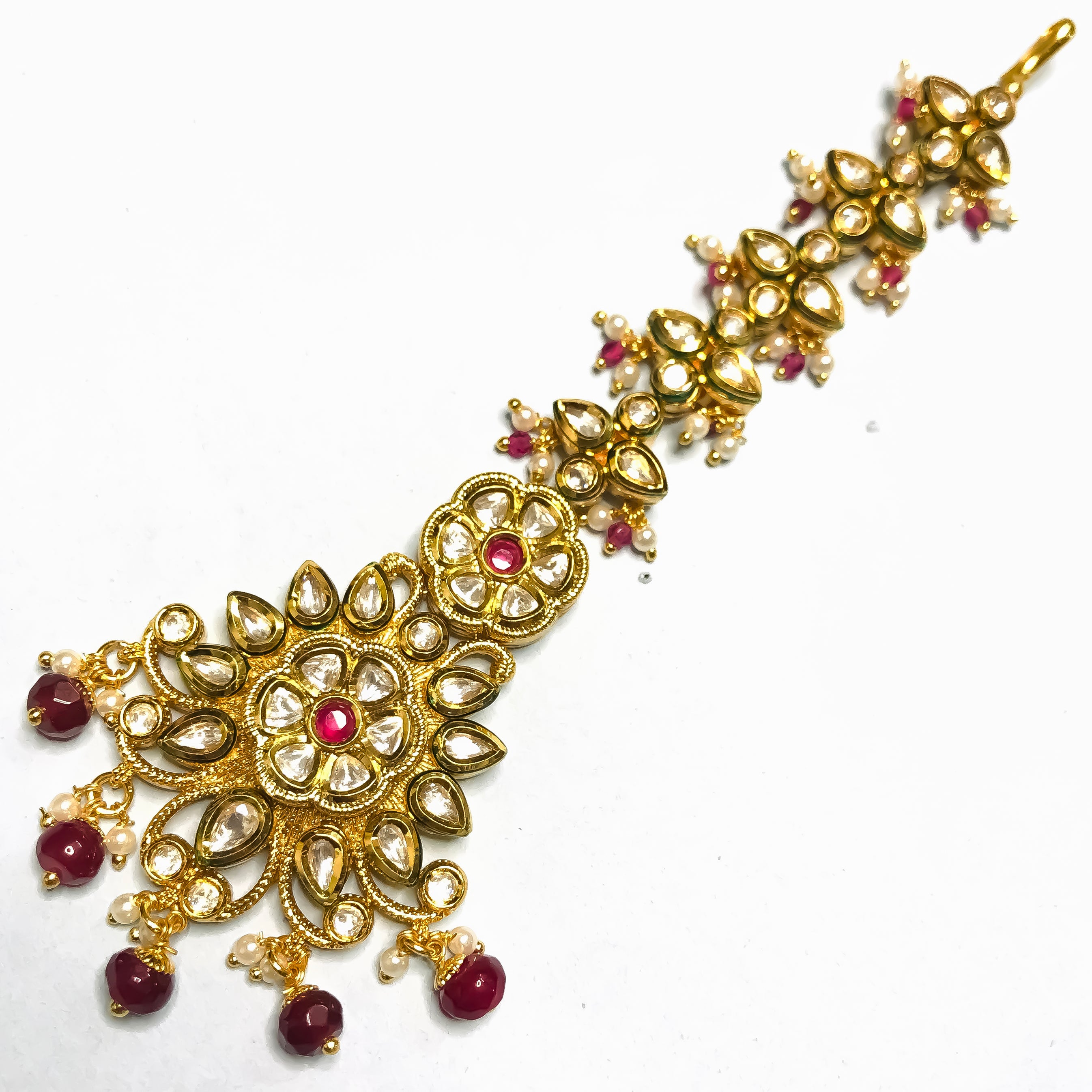 Exquisite Designer Gold Plated Royal Kundan & Ruby Maangtikka Headpiece (D100) - Perfect for Weddings, Indian Festivals & Bridal Jewelry Collections