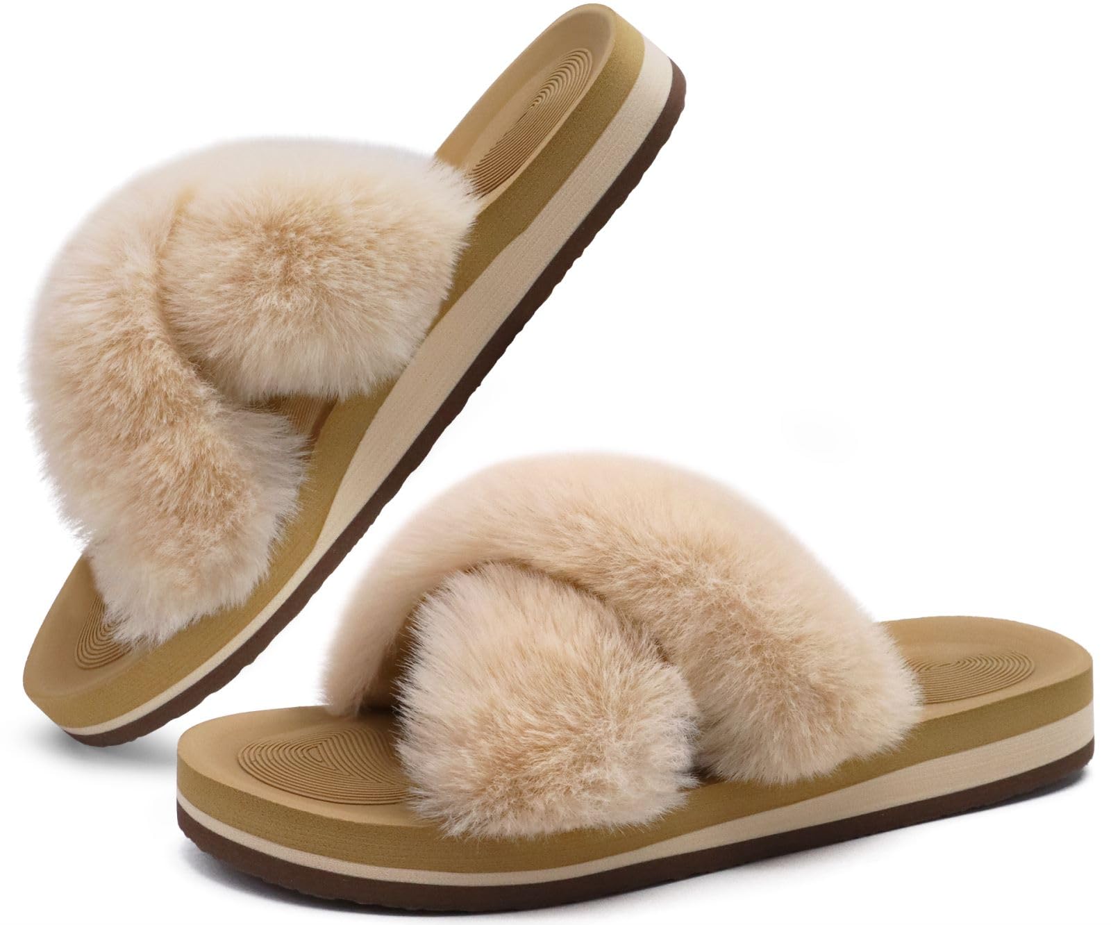 COFACE Women's Fuzzy Slides - Fluffy Faux Fur Cross Slippers with Arch Support, Open Toe House Sandals for Indoor/Outdoor Use - Perfect for Yoga, Lounging & Home Comfort