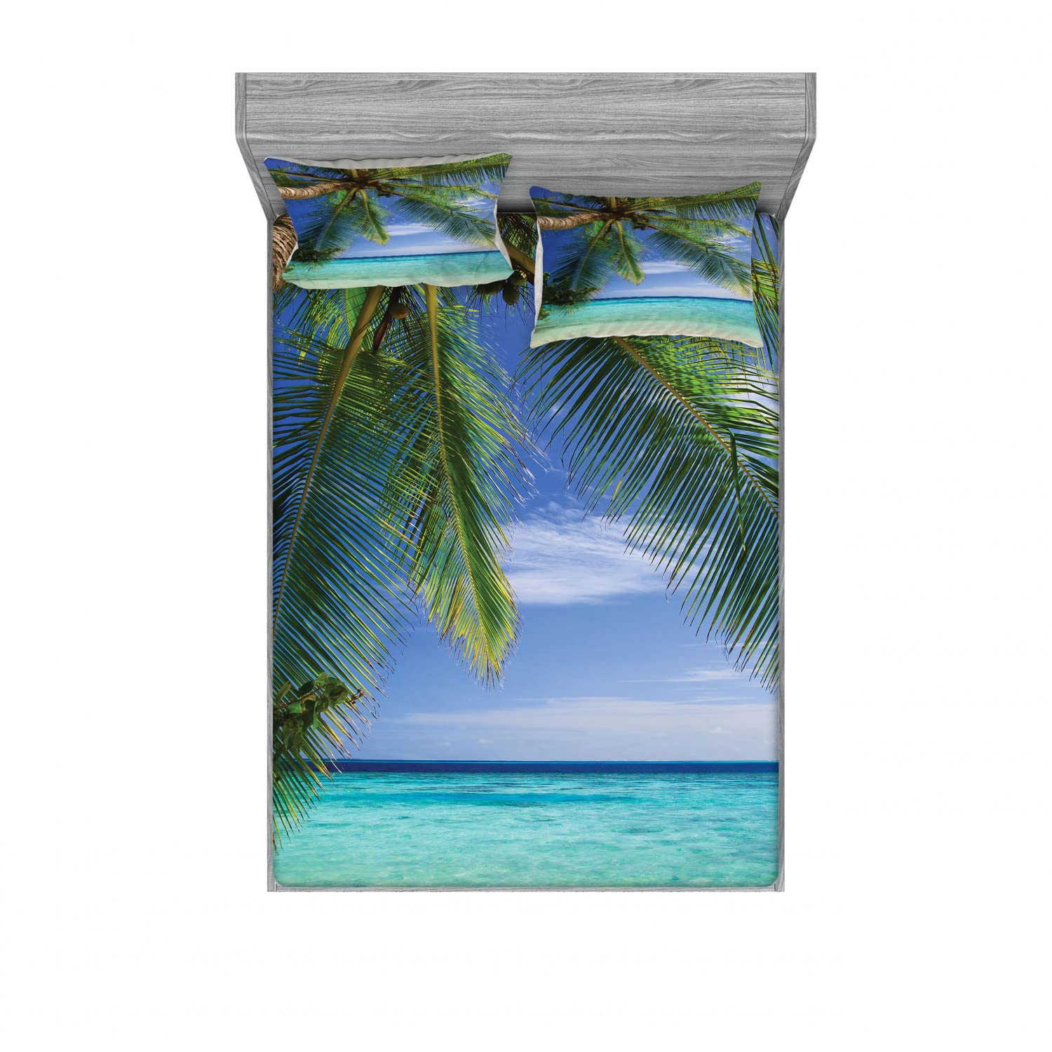 Ambesonne 2-Piece Queen Fitted Sheet Set with 4 Pillow Shams - Tropical Maldives Paradise Design in Green & Aqua Blue - Soft Bedding for Beach House, Guest Room & Vacation Home Decor