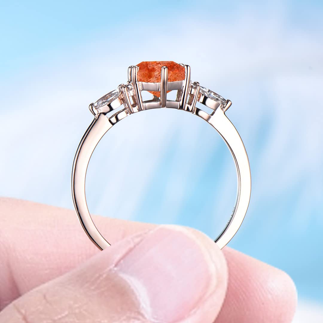 Genuine Sterling Silver Hexagon Cut Sunstone Ring with Rose Gold Cluster - Orange Stone Engagement Ring for Women, Size 4-10 - Perfect for Birthdays, Anniversaries & Special Occasions - Comes with Gift Box