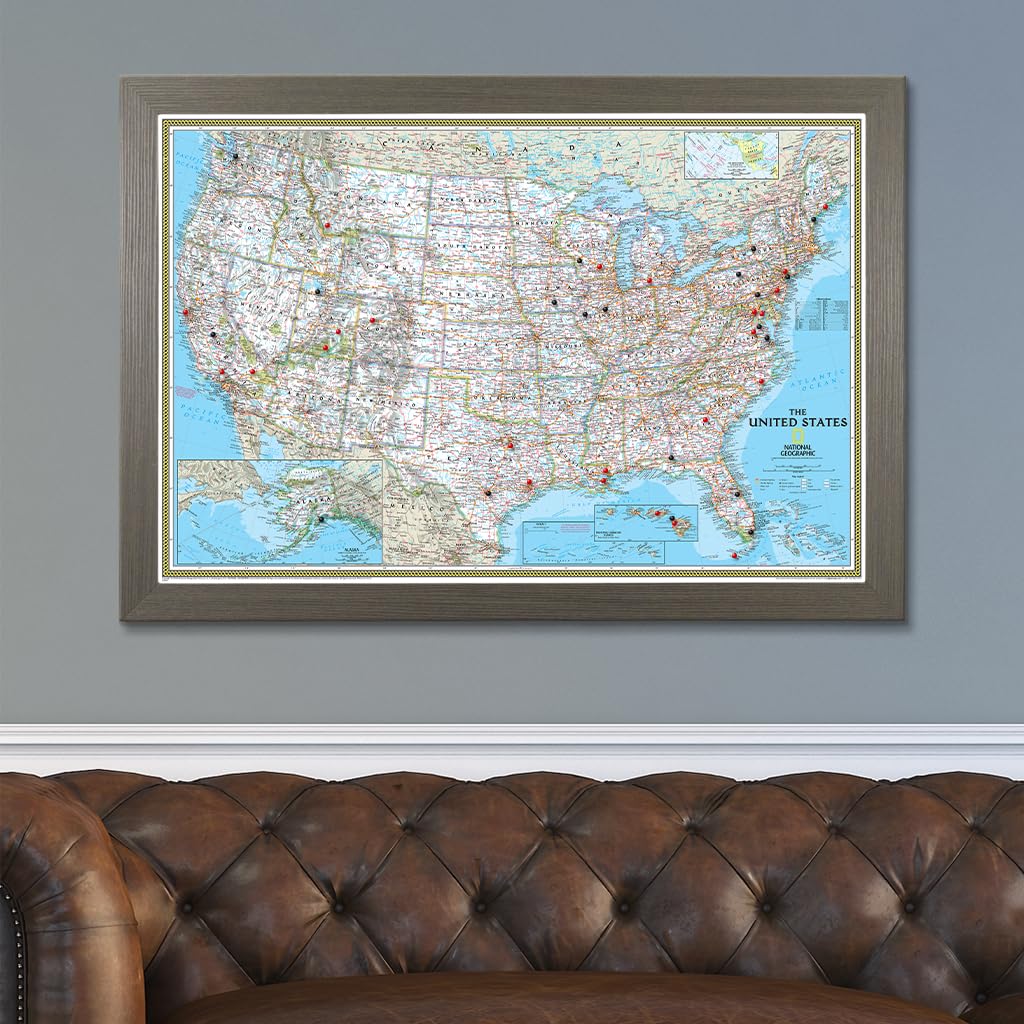 Push Pin Travel Map - Classic US Barnwood Gray Framed Pin Board for Tracking Adventures - 27.5
