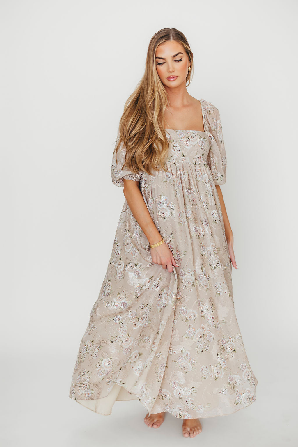 Elegant Mona Maxi Dress in Beige & Brown Floral Print - Women's Boho Summer Dress for Beach, Vacation & Casual Wear | Restocking August