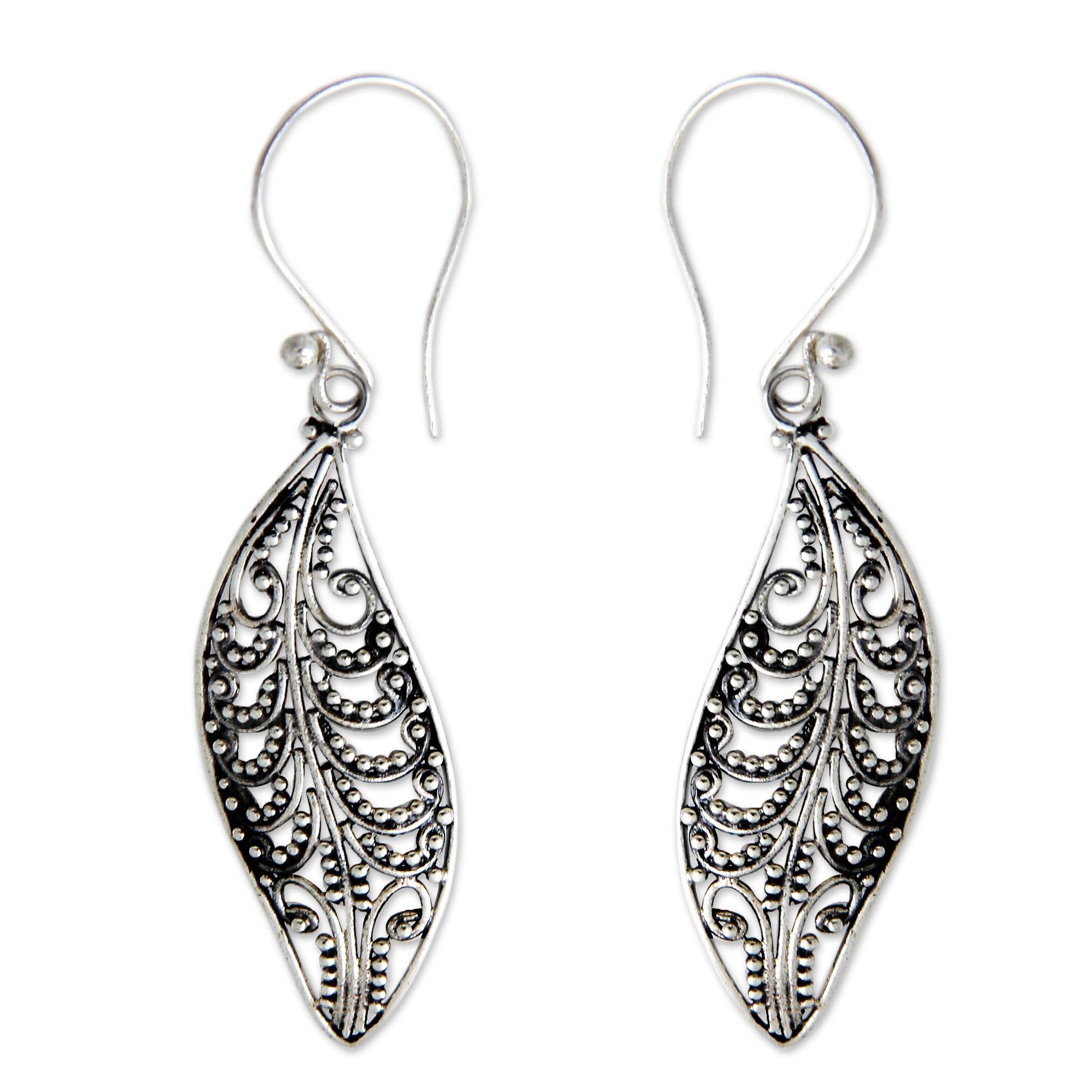 NOVICA Handmade Sterling Silver Plumeria Leaf Dangle Earrings - Indonesian Artisan Jewelry (1.8