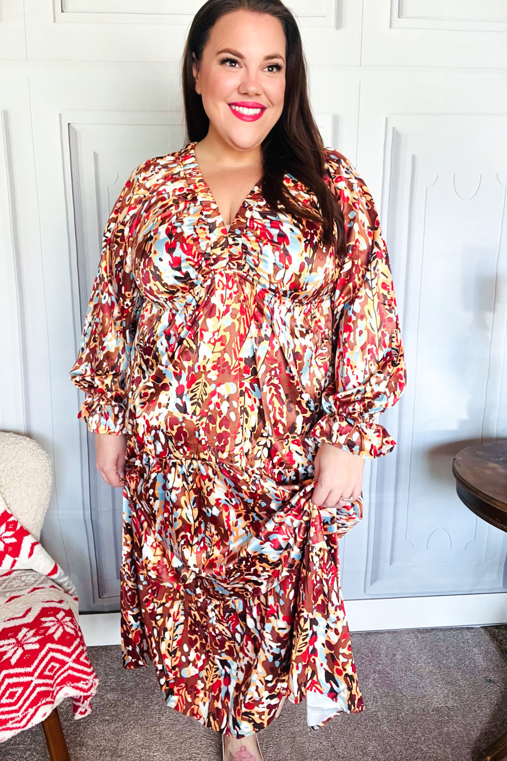 Feeling Femme Mocha Floral Print V-Neck Satin Maxi Dress for Women | Elegant Evening Gown for Weddings, Parties & Special Occasions