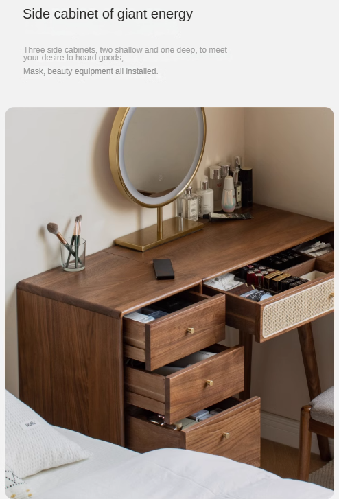 Premium Black Walnut Solid Wood Rattan Vanity Dressing Table - Elegant Makeup Desk with Mirror for Bedroom, Bathroom & Boudoir Organization