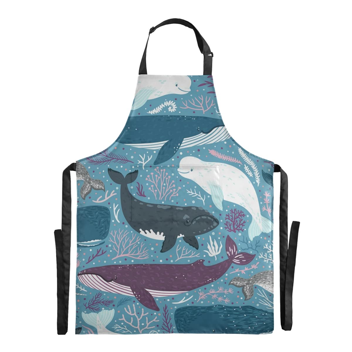 RunningBear Whales Marine Ocean Bib Apron - Waterproof Funny Kitchen Apron for Restaurant, Salon, Cafe & Home Use - Adjustable Straps & Large Pocket for Adults, Stepdad - Perfect for Cooking, Grilling & Barista Work