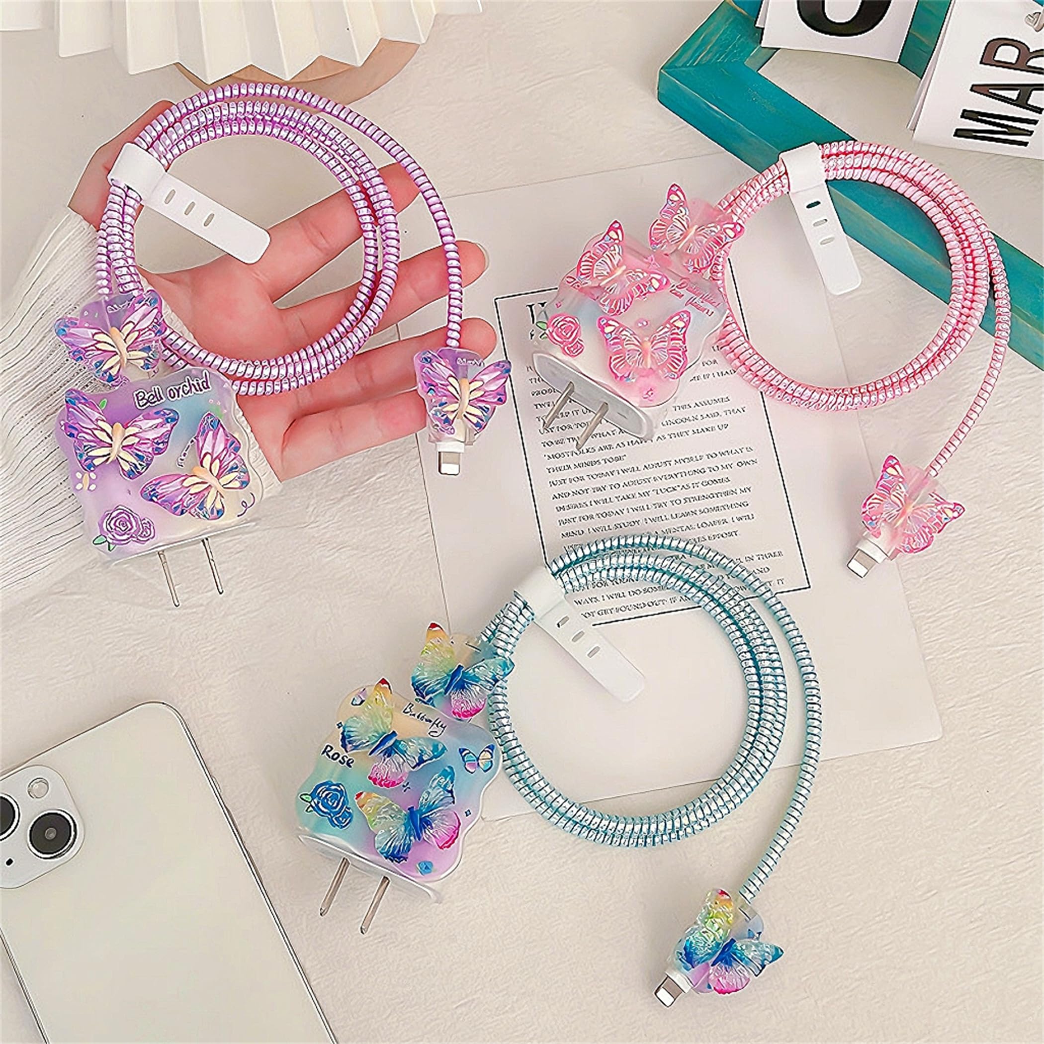 3D Butterfly iPhone Charger Protector - 18W/20W Cable Saver for iPhone 13/14/15/16 Pro Max, Soft Wavy Girly Design iPad Charger Cover (Purple) - Perfect for Home, Office & Travel Accessories