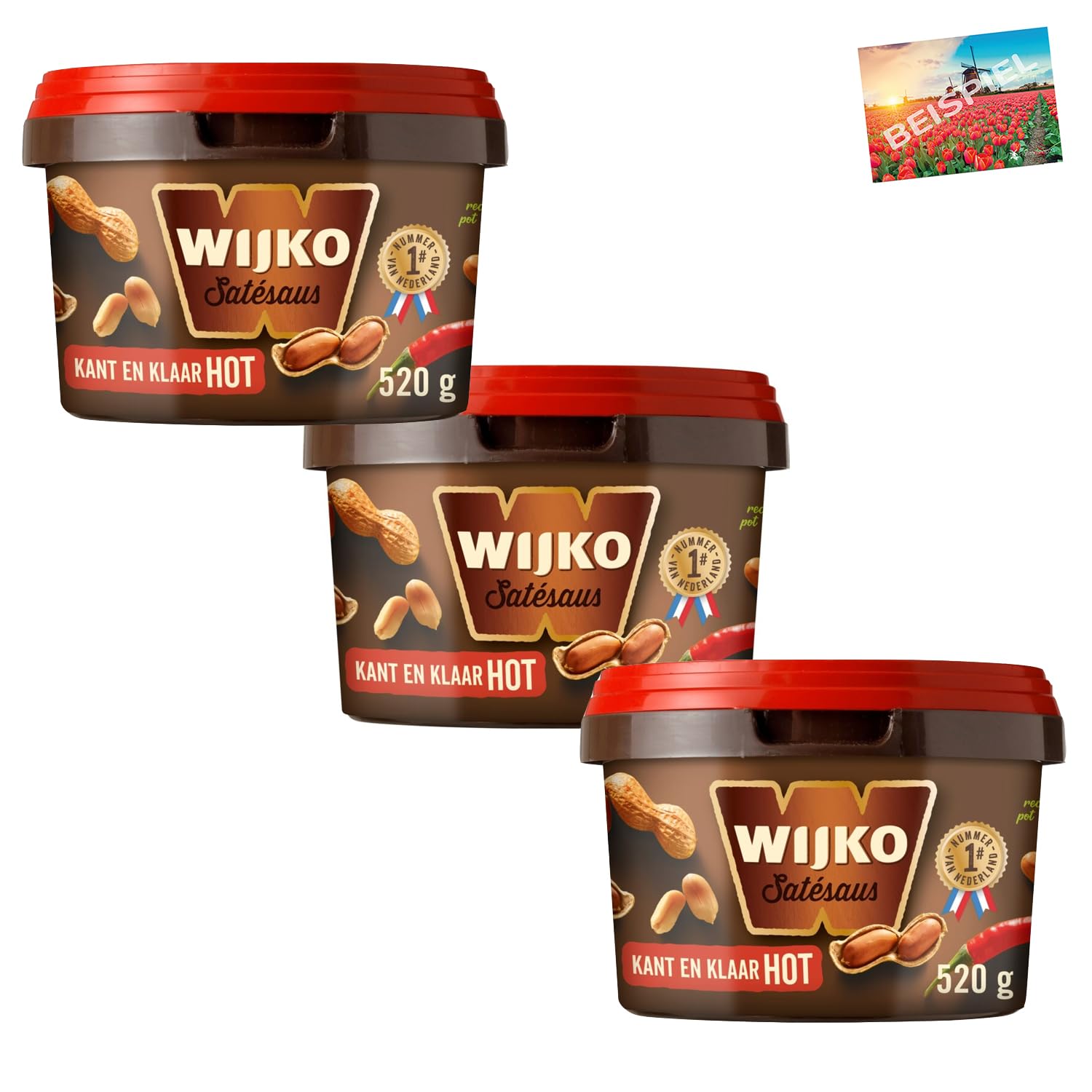 Wijko Satesaus - Authentic Indonesian Peanut Sauce from Holland (525g) | Sharp & Ready-to-Use Satay Sauce for Chicken, Meat & Asian Dishes | Dutch Imported Peanut Butter Sauce | Perfect for BBQ, Stir Fry & Dipping | Set of 3 Holland-Box by Vriens