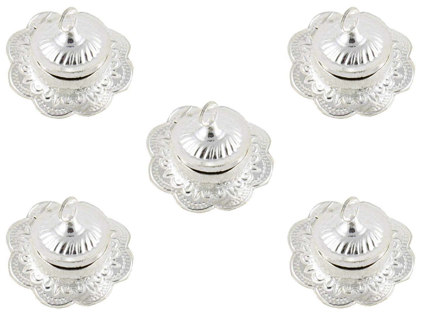 Silver Plated Flower Shape Sindoor Dabbi with Lid - Indian Pooja Items for Home Decor, Hindu Rituals & Wedding Ceremonies | Perfect as Housewarming Gifts, Baby Shower Favors & Festival Return Gifts | Includes 5 KumKum Boxes with Decorative Potli Bags