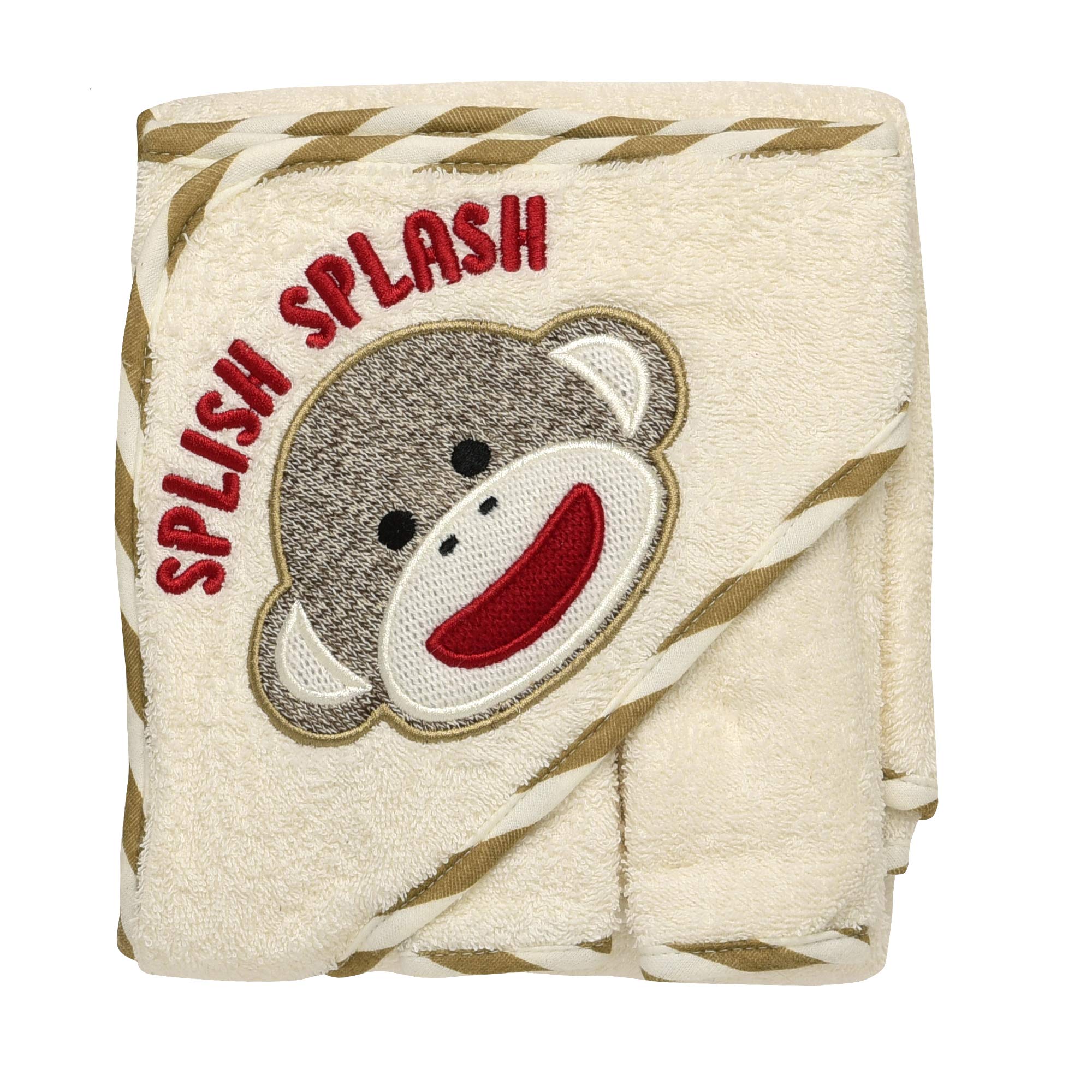 Soft Embroidered 3-Piece Baby Hooded Bath Towel & Washcloth Set - Sock Monkey Design, Ivory - Perfect for Newborn Bath Time, Baby Showers & Cozy After-Bath Snuggles