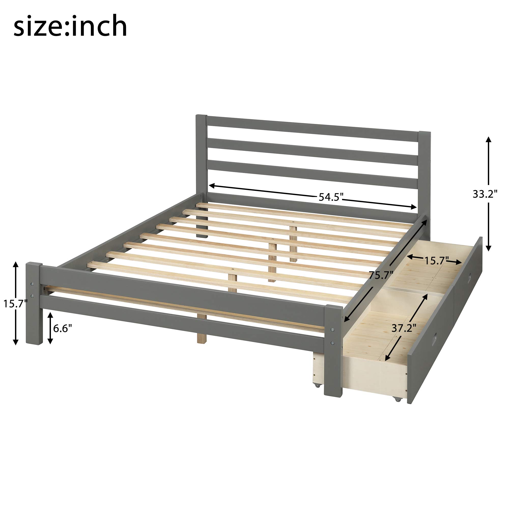 Anwick Full Size Platform Bed Frame with 2 Storage Drawers & Headboard - Sturdy Wood Slat Support (500 lbs Capacity) - No Box Spring Required - Easy Assembly (Gray) - Perfect for Small Bedrooms & Guest Rooms