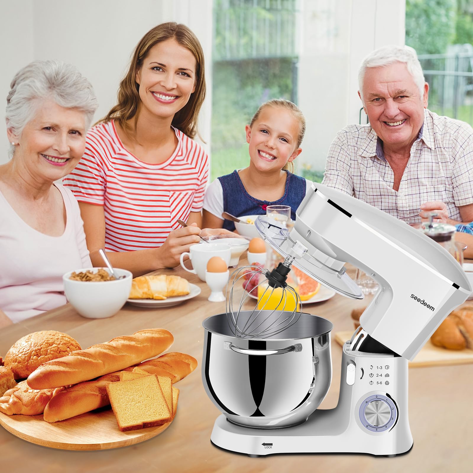SEEDEEM 8.5 Qt Stand Mixer, 660W Powerful Electric Kitchen Mixer with 6+ Speeds, Tilt-Head Design & Dishwasher-Safe Attachments (Dough Hook, Wire Whip, Beater) - Perfect for Baking Bread, Cookies, Cakes & More - White