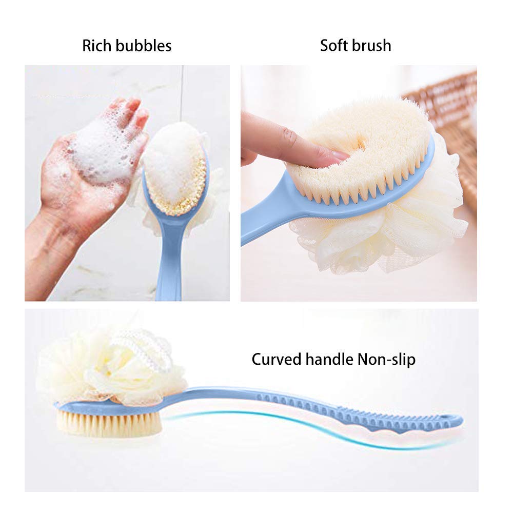 2-in-1 Nuts & Spices Bath Brush with Exfoliating Bristles and Loofah Back Scrubber | Long Curved Handle Shower Brush for Men & Women | Blue Body Brush for Deep Cleansing & Skin Brightening | Perfect for Back Scrubbing, Exfoliation & Spa Days
