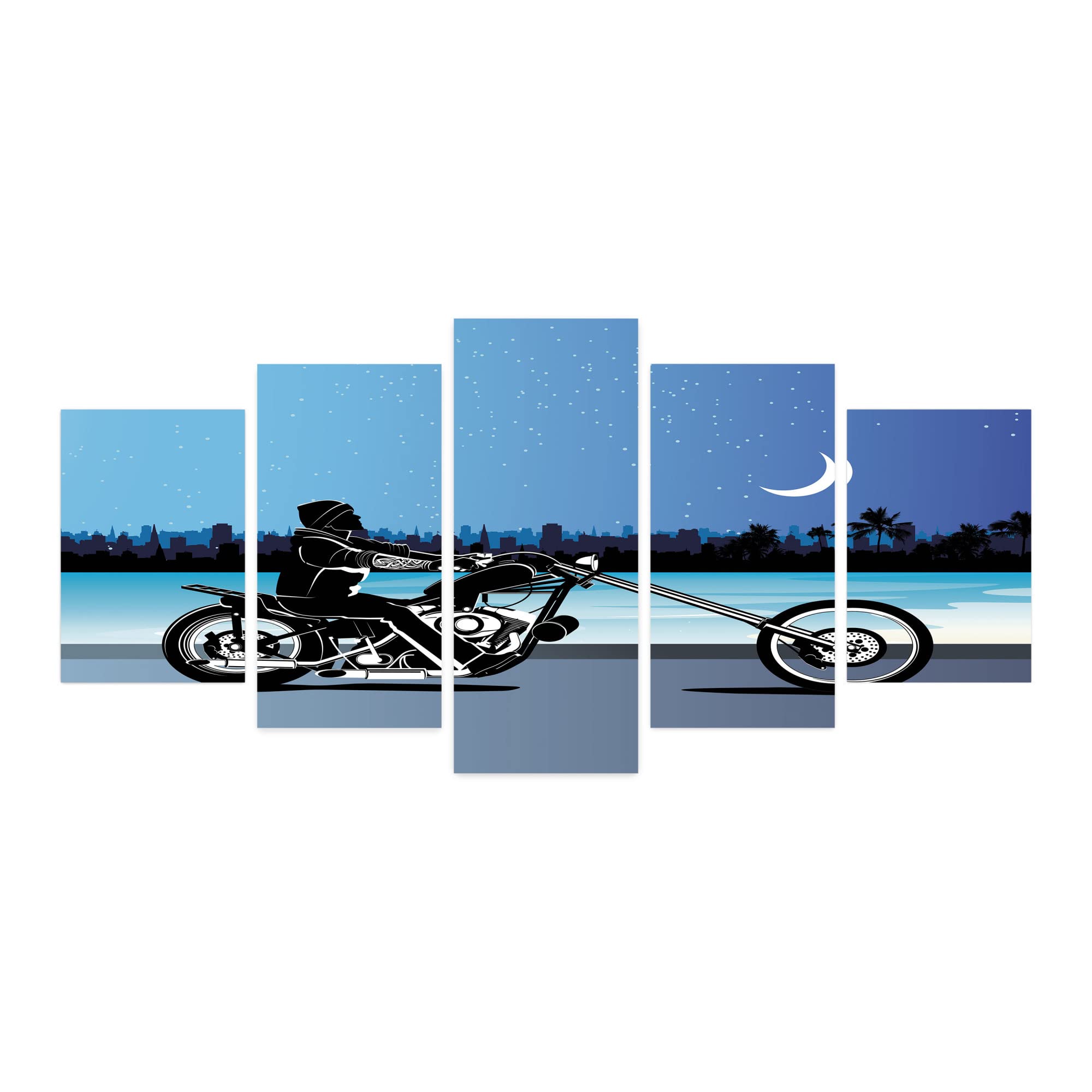 Ambesonne Motorcycle Wall Art - 5 Panel Acrylic Glass Chopper Biker Riding Starry Night Sky Cityscape Silhouette - Modern Home Decor for Living Room, Bedroom, Dorm - 60