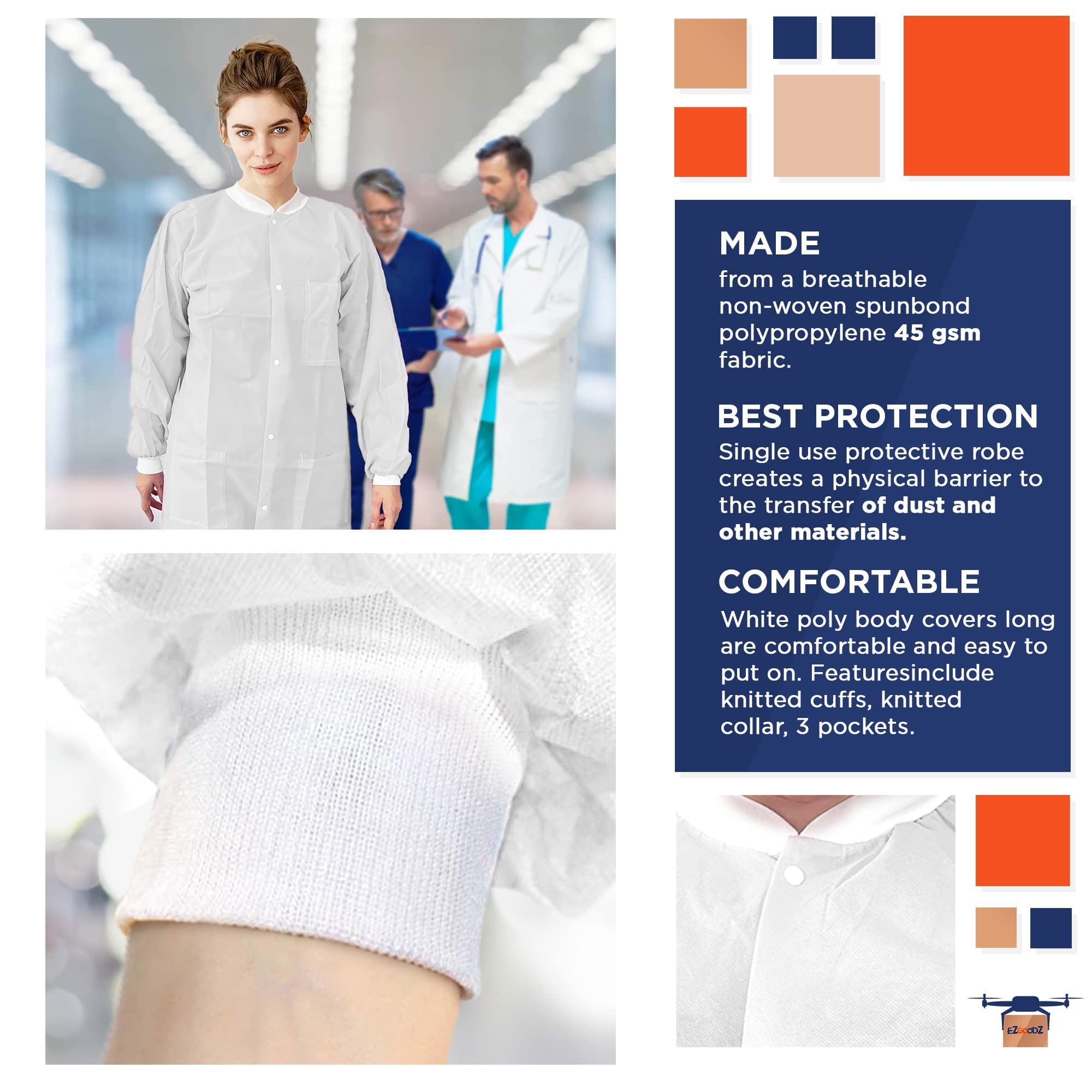 EZGOODZ White Disposable Lab Coats for Adults - Small (50 Pack) | 45 GSM Medical PPE Coat with Cuffs, Collar & 3 Pockets | Splash-Proof Painting & Medical Protective Wear for Hospitals, Labs & DIY Projects