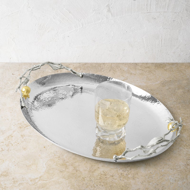 Elegant Pomegranate Silver & Gold Oval Tray - Perfect for Home Decor, Gift Giving & Holiday Table Setting