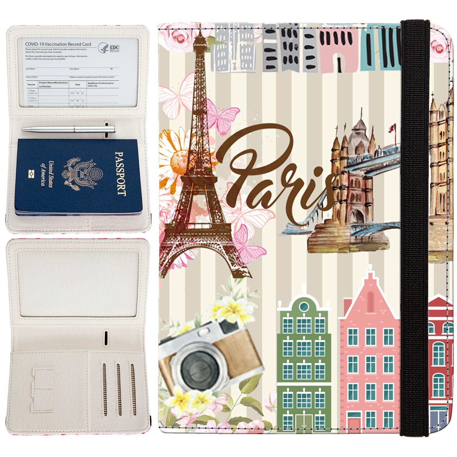 RFID Blocking Passport & Vaccine Card Holder for Travel - Eiffel Tower Design