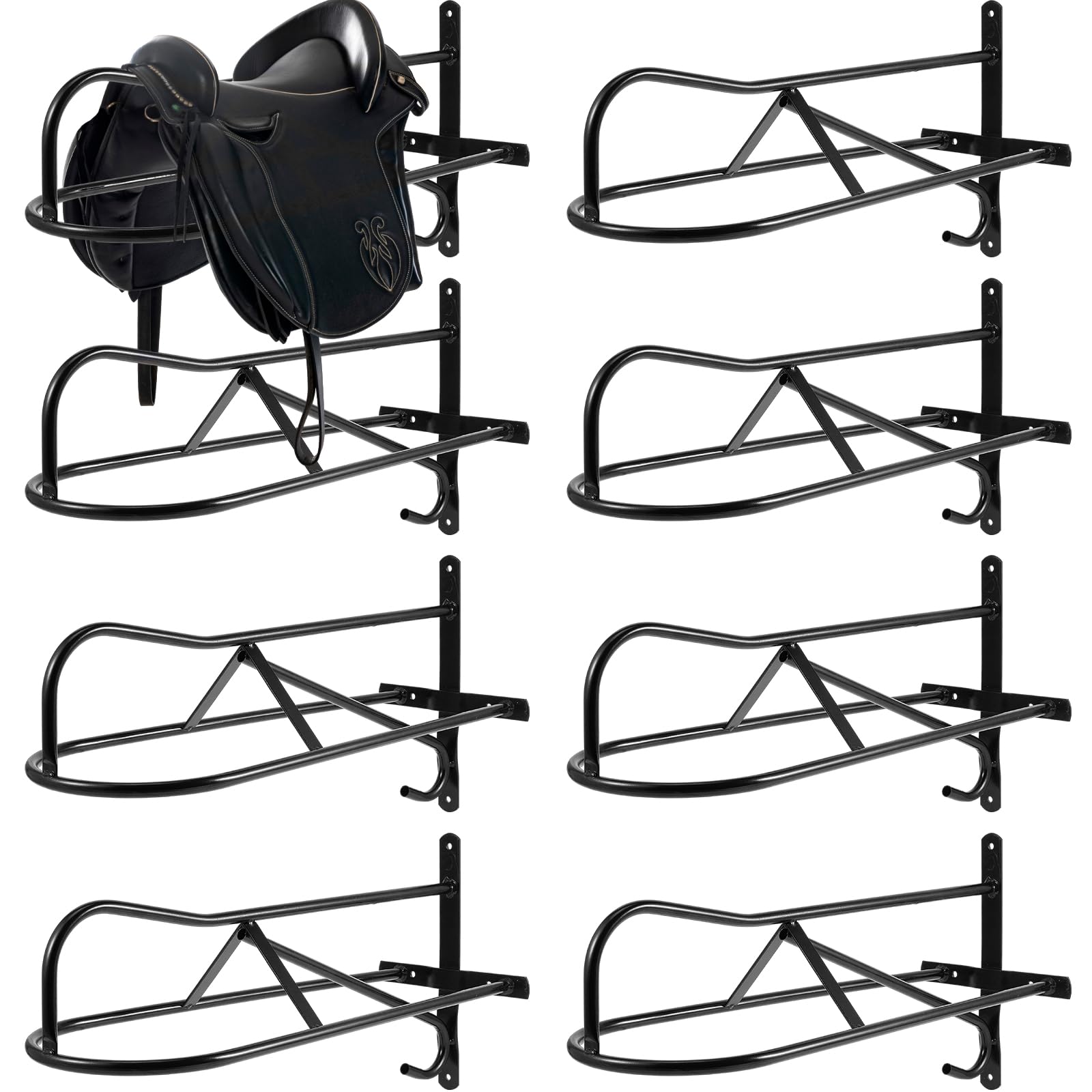 8 Sets Wall Mounted Saddle Rack Stand for Western Saddles - 20.3 x 11.8 x 9 Inches Black Horse Saddle Holder with Installation Screws - Perfect for Barn, Stable, and Equestrian Storage Organization