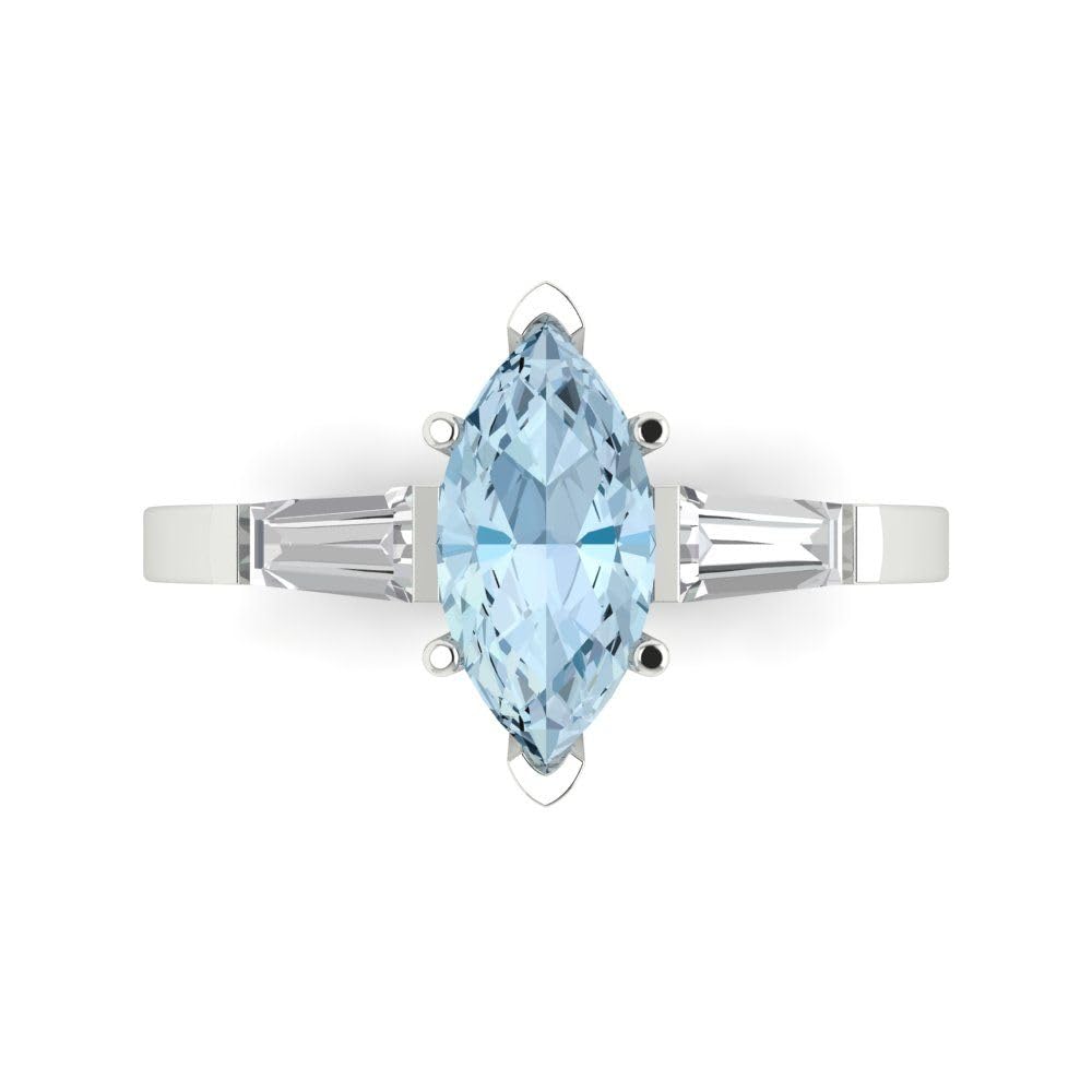 Clara Pucci 2 Carat Marquise Cut 3 Stone Solitaire Created Aquamarine Engagement Ring in 14K White Gold - Perfect for Anniversary, Bridal & Wedding Proposals