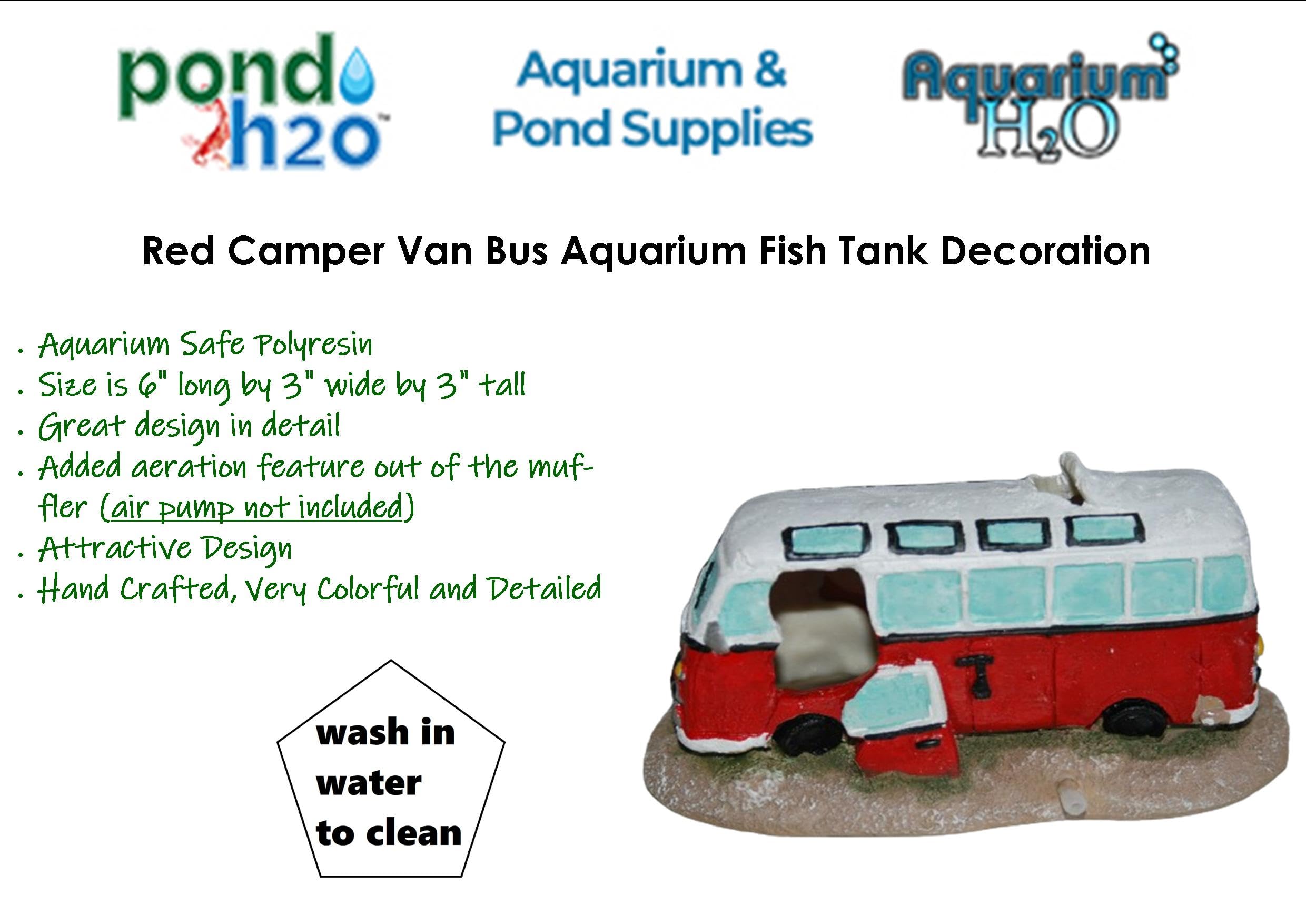 Red Camper Van Aquarium Decor - Small Fish Tank Bubbler Ornament with Bubble Feature | Perfect for Fish Hideouts, Aquarium Landscaping & Decoration | Great for Home, Office or Kids' Fish Tank Accessories